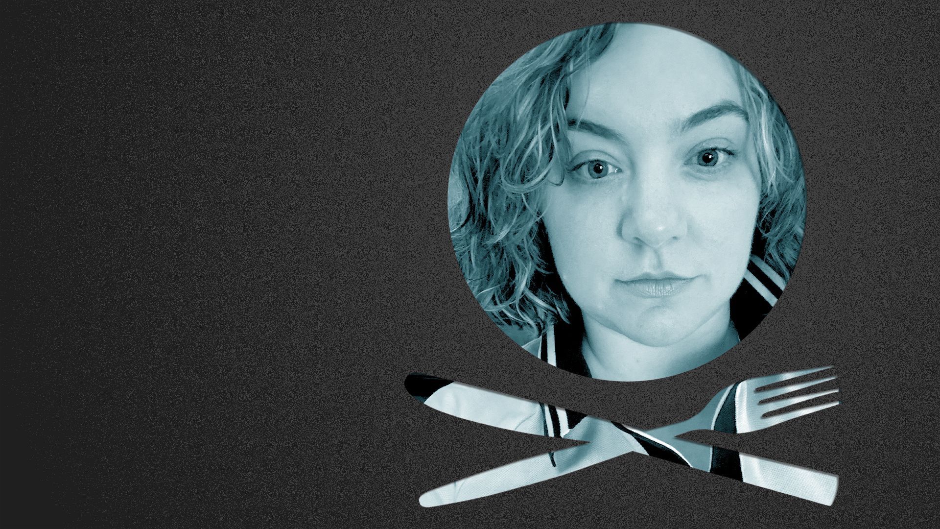 Photo illustration of a knife, fork, and plate revealing Andrea Damewood.
