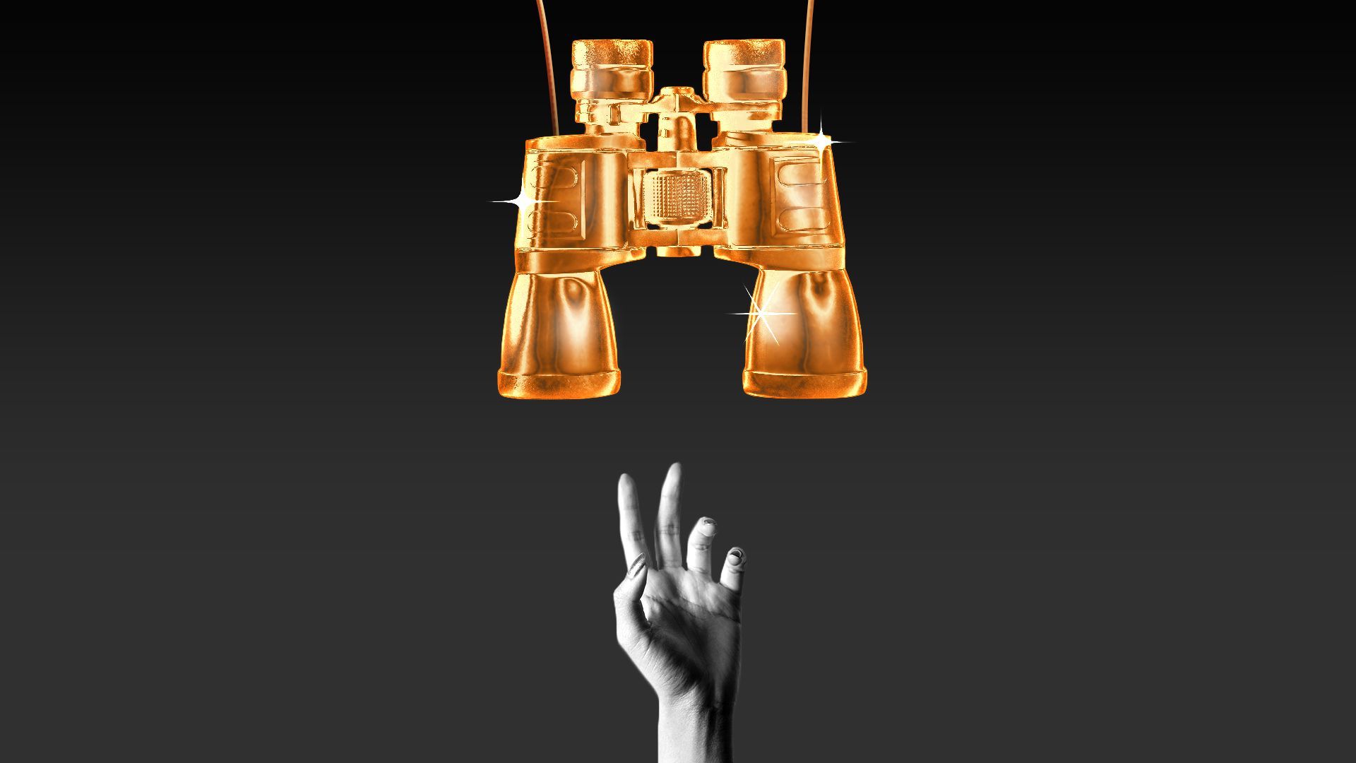 Illustration of a hand reaching for golden binoculars 