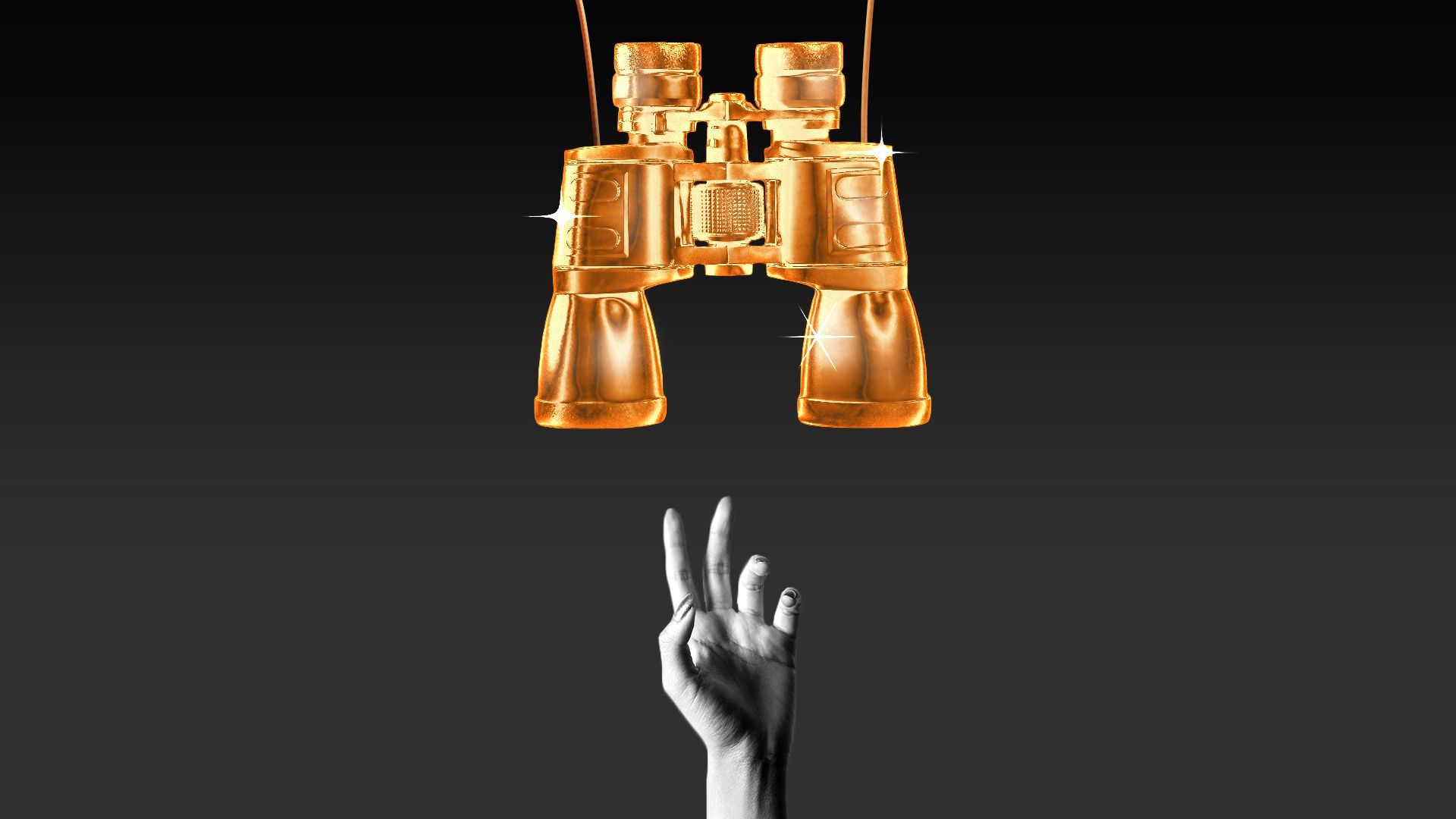 Illustration of a hand reaching for golden binoculars