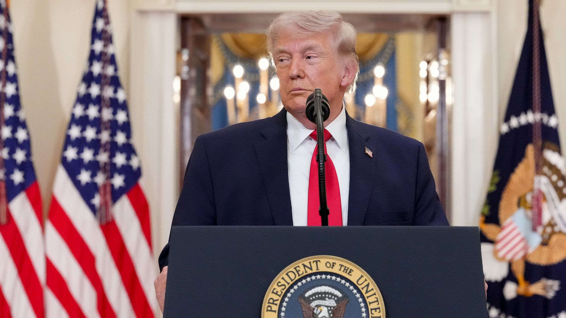 President Donald Trump speaks during a televised address at the White House in Washington.