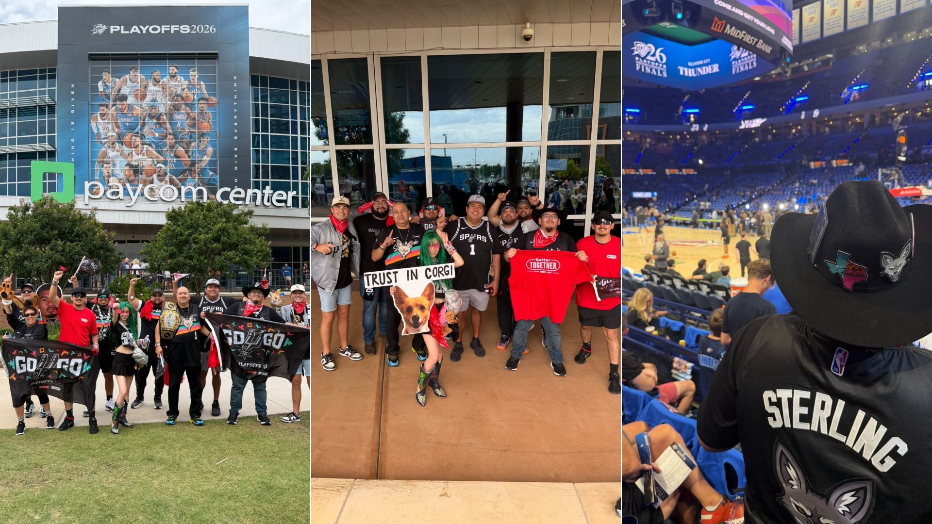 Triptych collage: left Paycom Center mural; middle fans outside pose with "TRUST IN CORGI"; right arena interior with players on court and a cowboy-hat spectator wearing "STERLING" jersey.