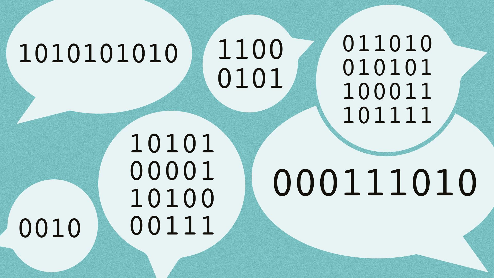 Illustration of binary numbers inside of speech bubbles.