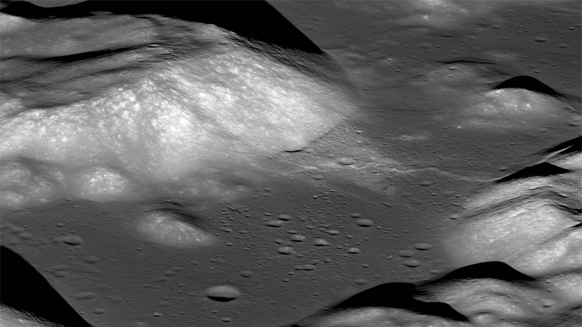 A close-up of part of the lunar surface. 