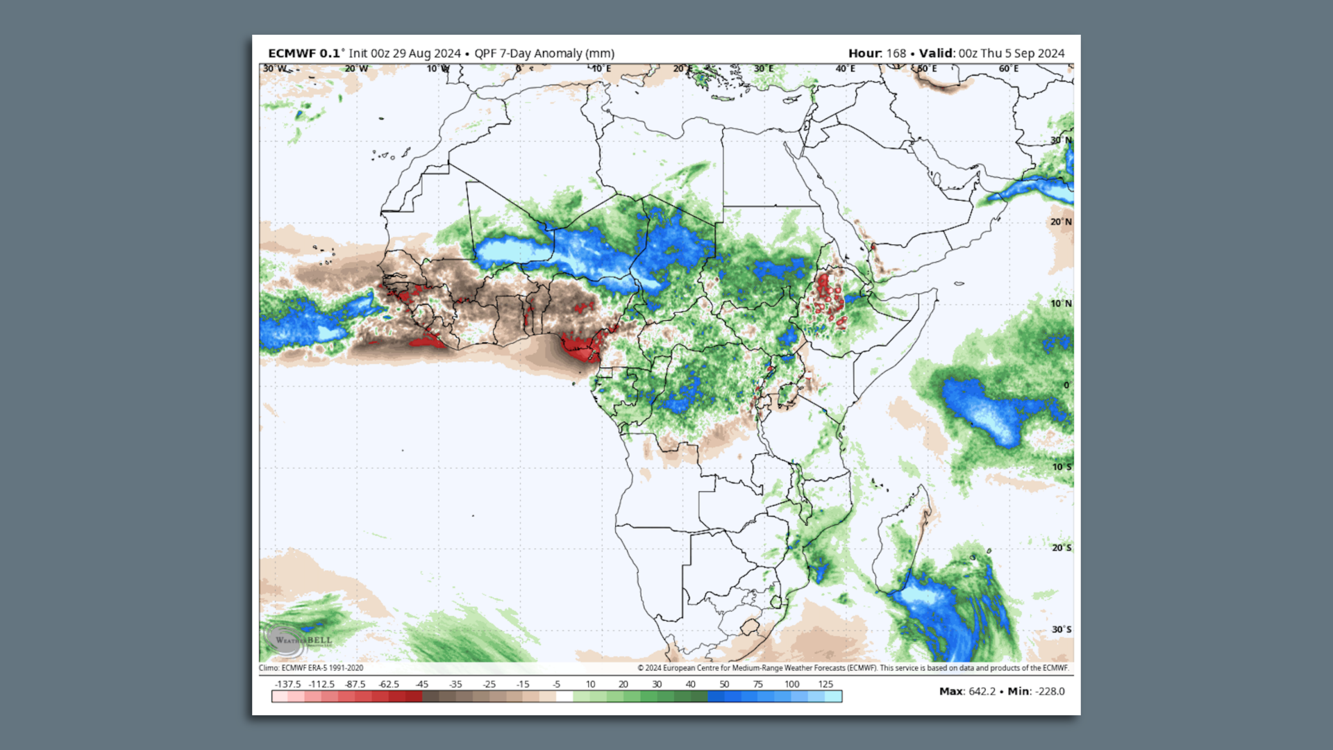 Map showing precipitation anomalies during a 7-day period from the end of August to the first week of September.
