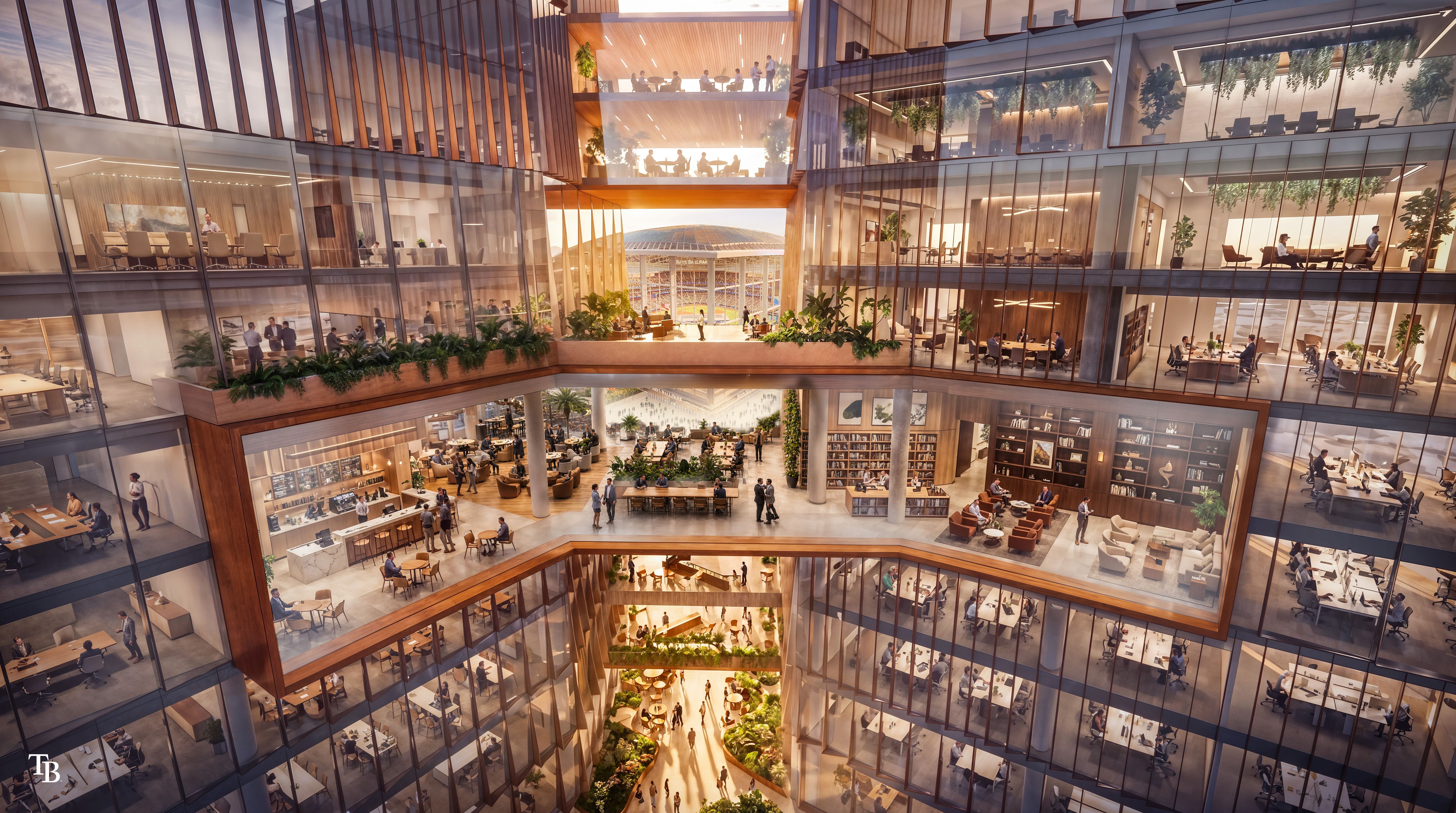 Multi-story glass atrium office with open workspaces, glass-walled meeting rooms, and abundant greenery. Warm wood accents, daylight flooding the space, and people collaborating around a central courtyard.