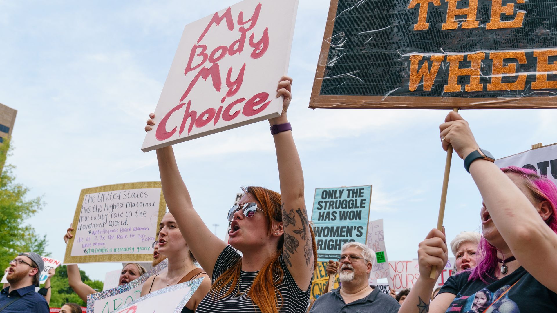  A woman cheers to protest the Supreme Court's decision in the Dobbs v Jackson Women's Health case on June 24, 2022 in Atlanta, Georgia. The Court's decision in the Dobbs v Jackson Women's Health case overturns the landmark 50-year-old Roe v Wade case, removing a federal right to an abortion. (Photo