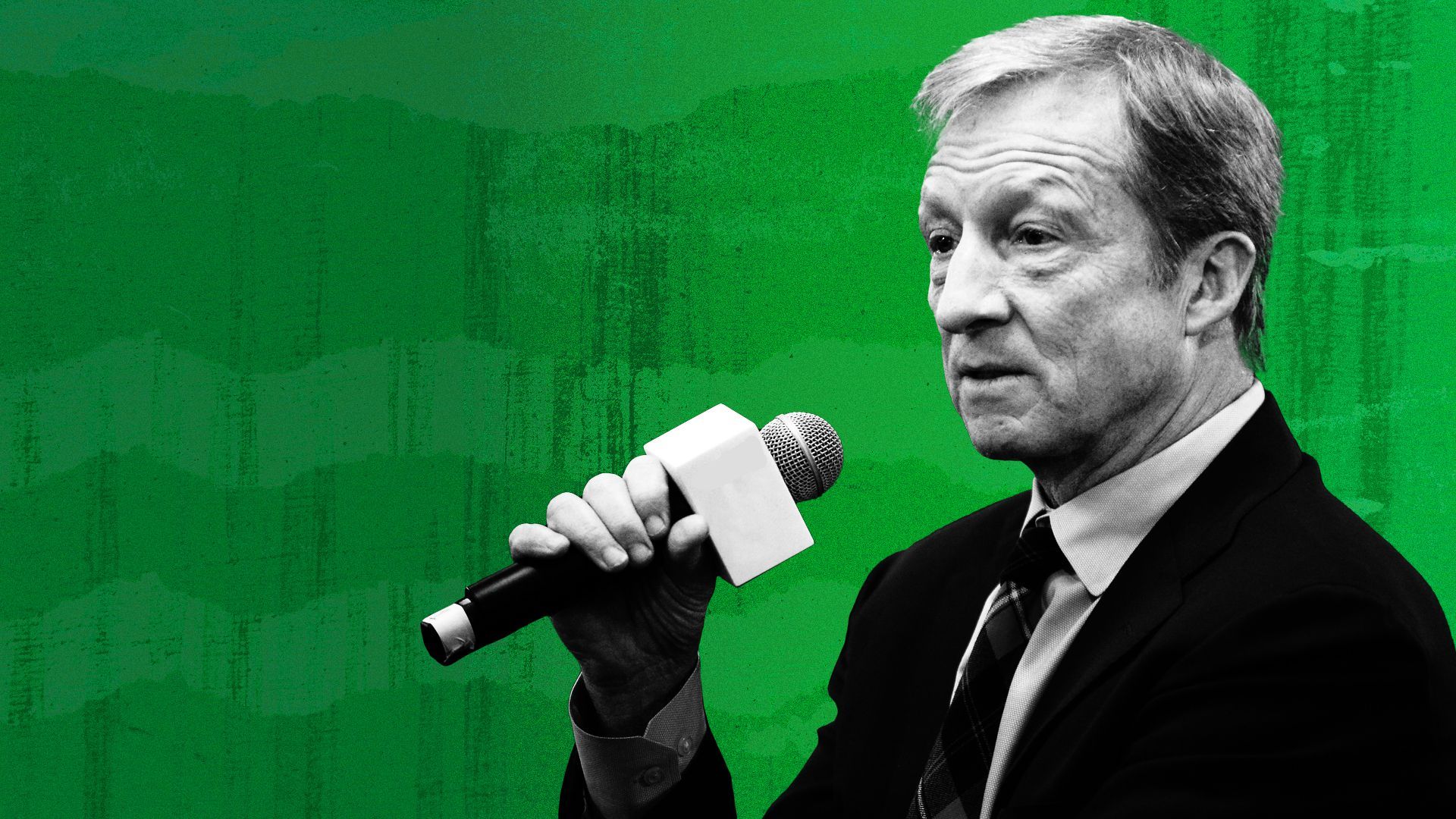 Photo illustration of Tom Steyer against a green background.