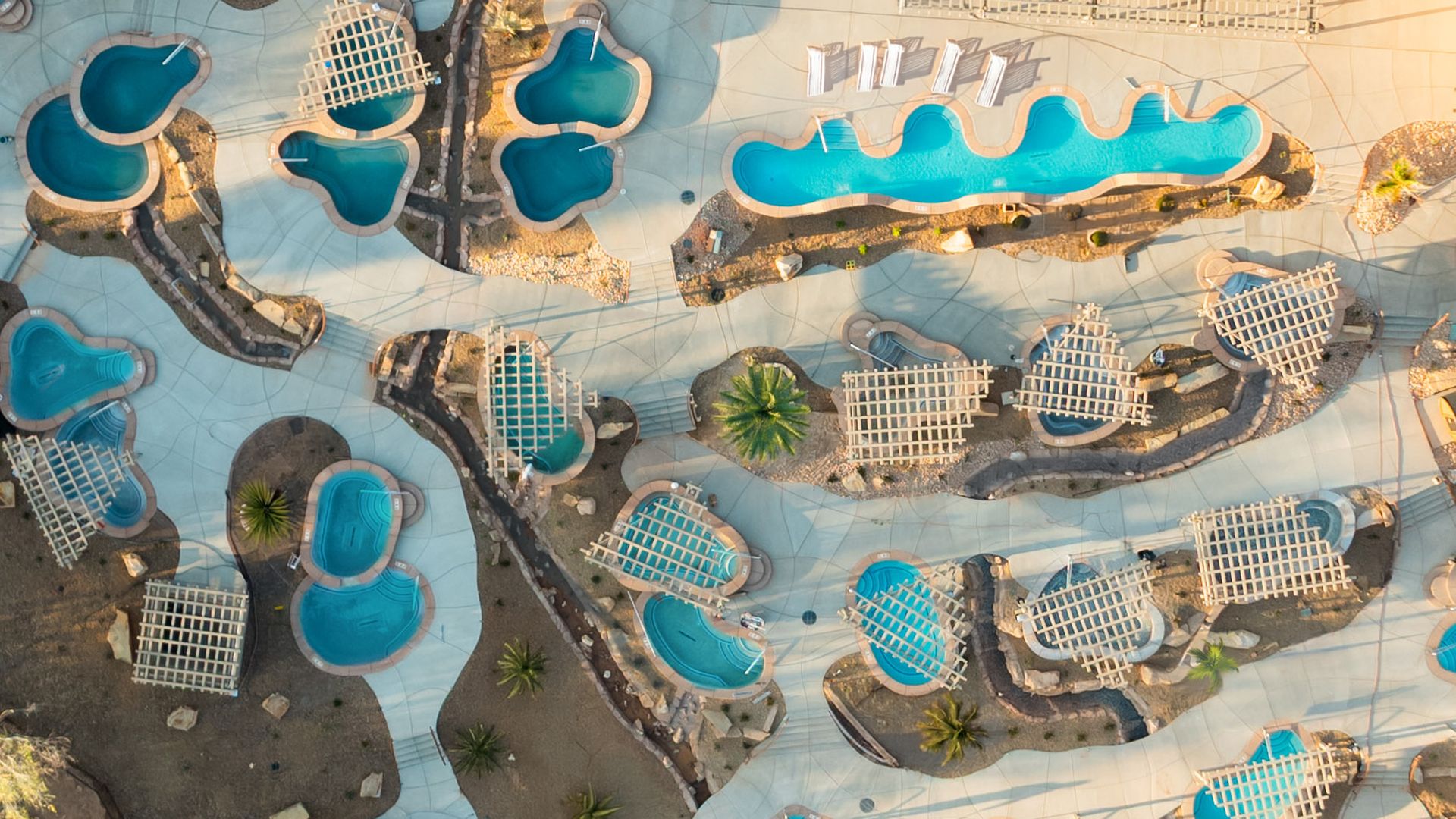 An aerial photo of multiple hot springs.