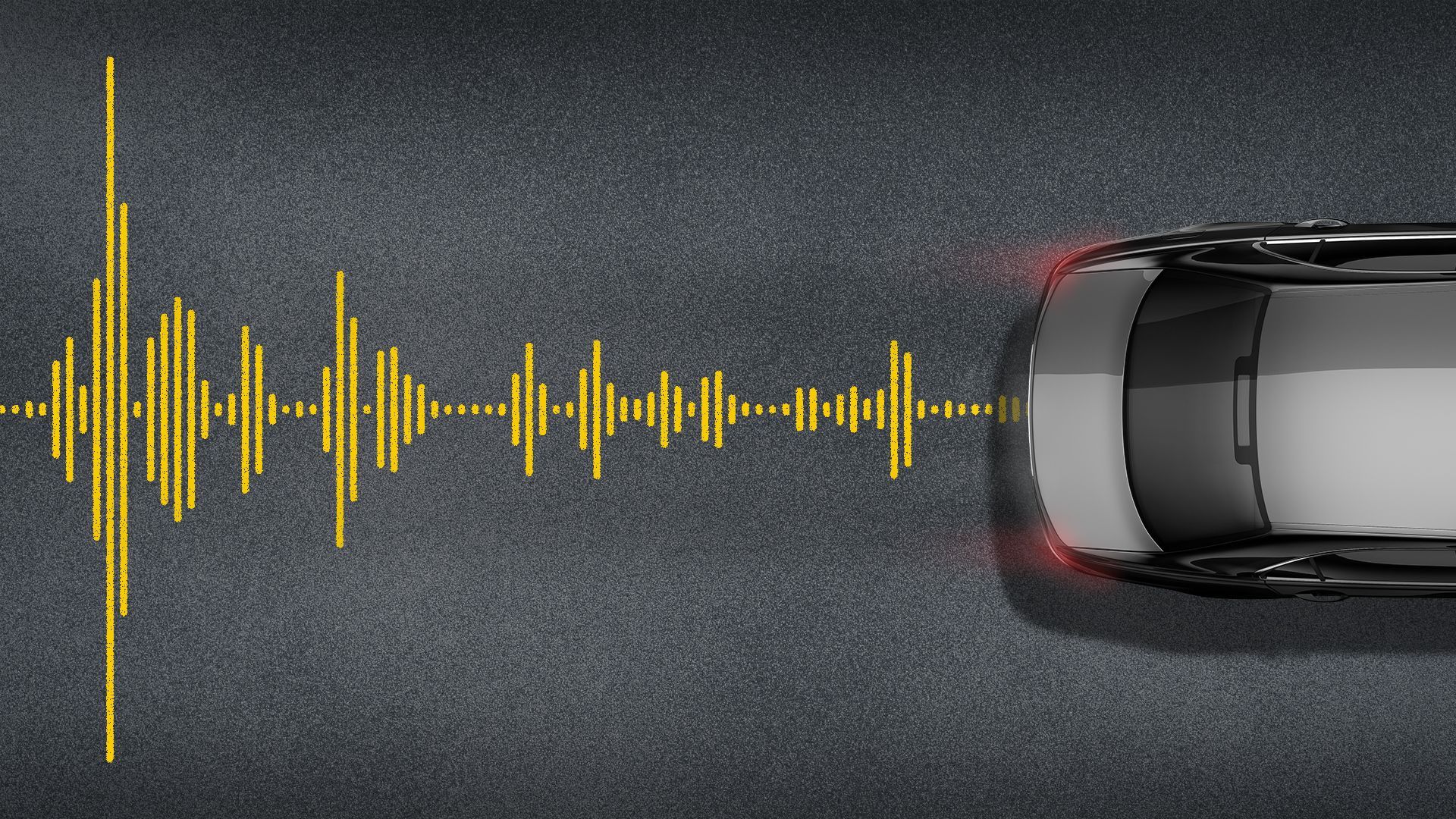 Illustration of an electric car driving over a road with the yellow divider line as sound waves