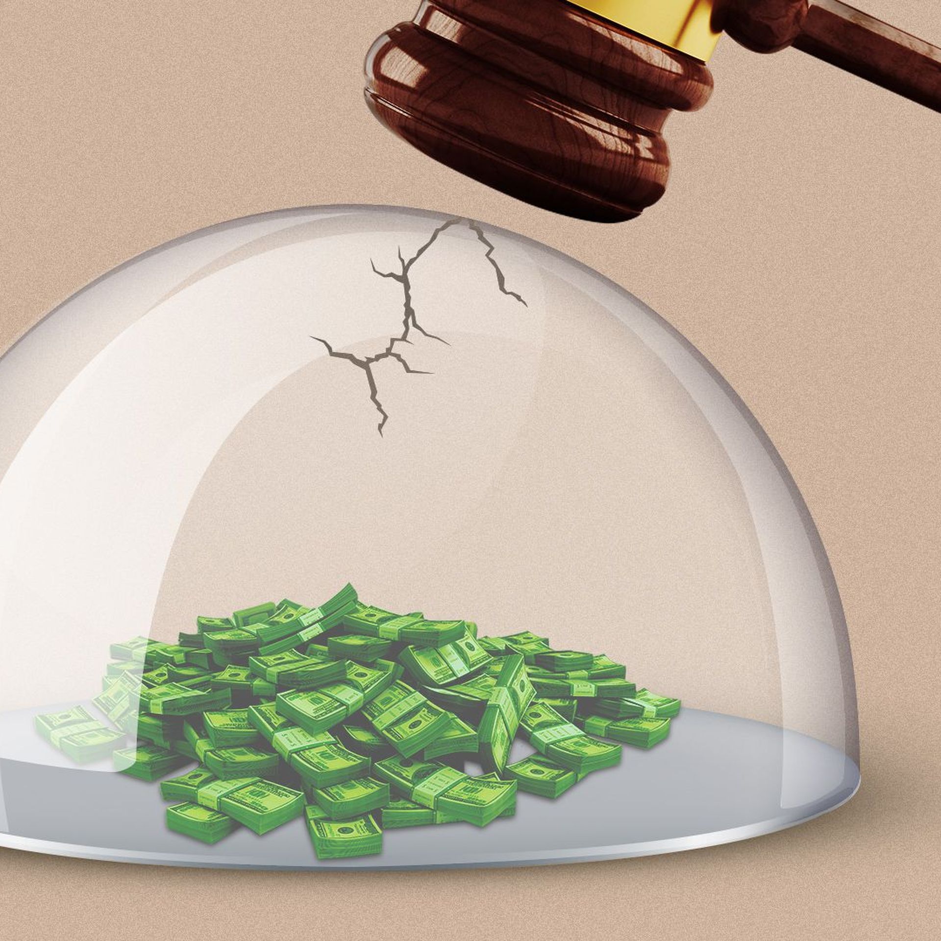 Illustration of a pile of money under a cracked glass dome with a gavel hovering overhead. 