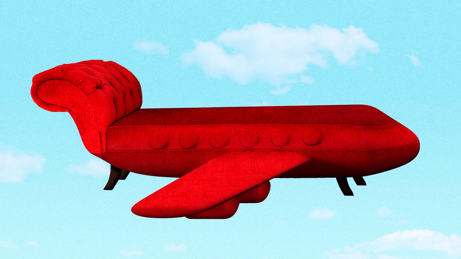 Illustration of a fainting couch shaped like an airplane flying in the sky with clouds