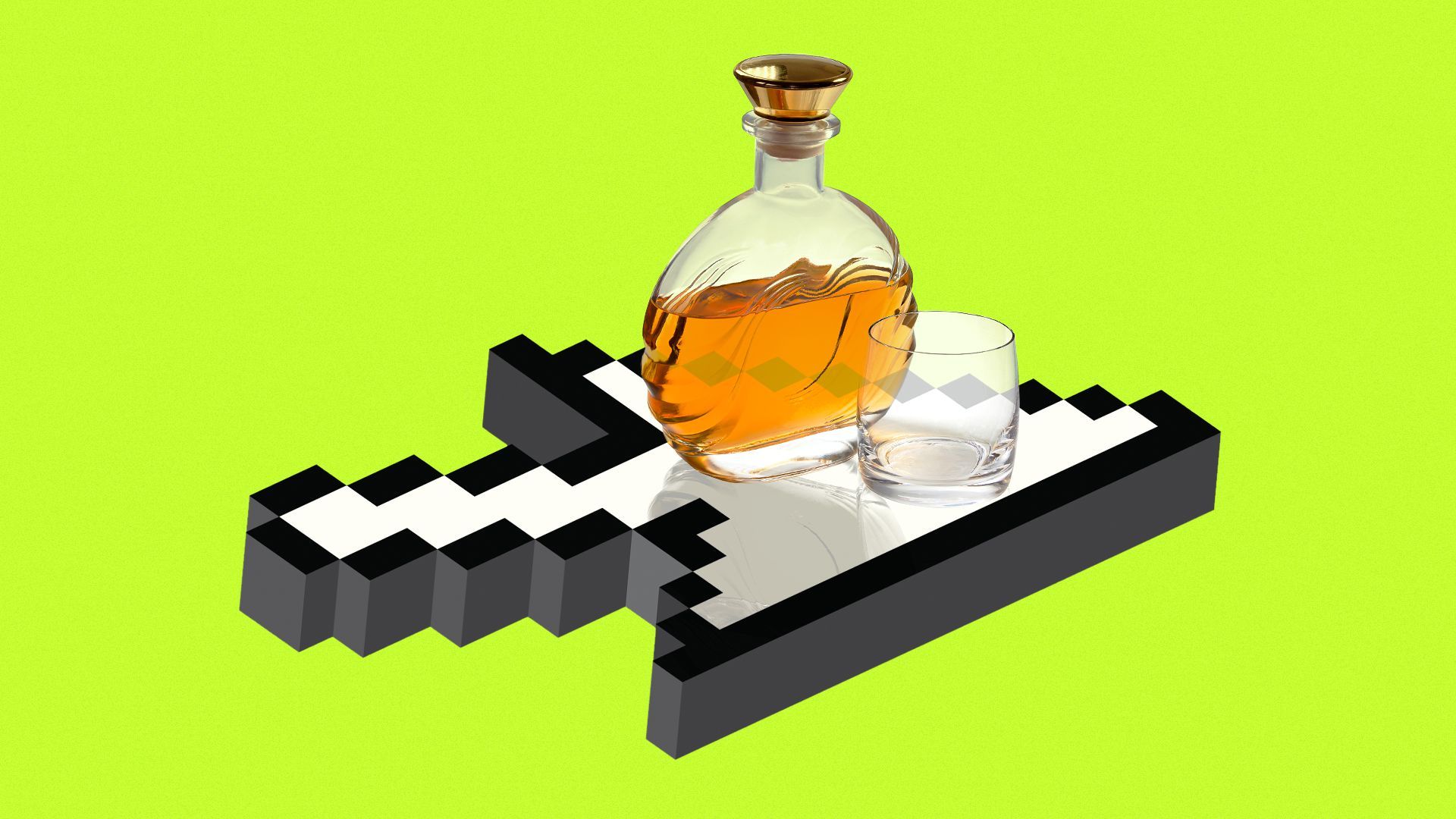 Illustration of a liquor bottle and glass being served on an arrow cursor
