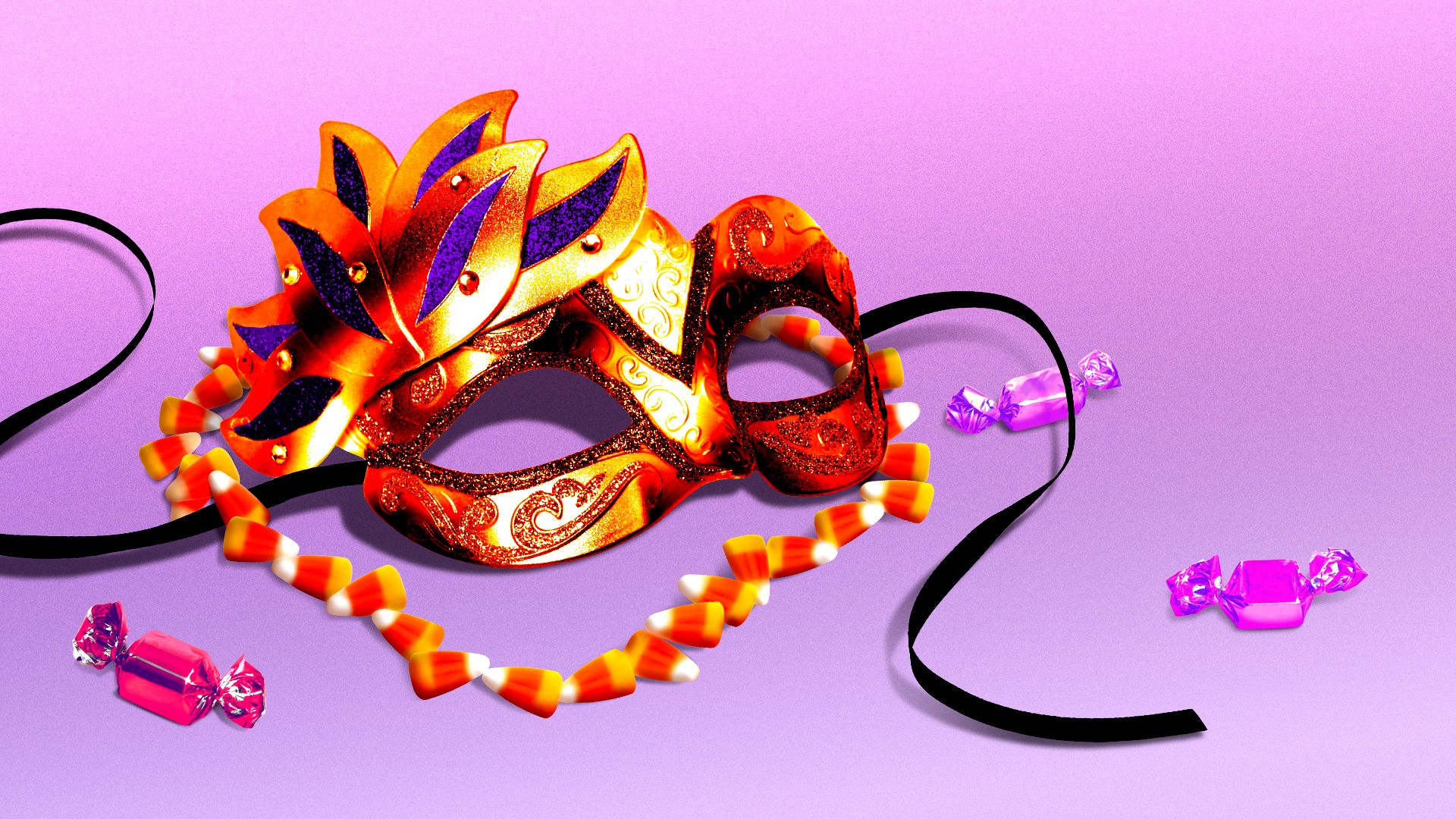 Illustration of a Mardi Gras type mask in autumn colors with candy corn in the shape of beads around it