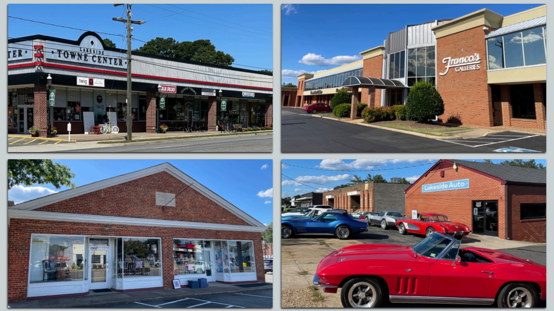 Quadruple image: top left Lakeside Towne Center shops, top right Franco's Galleries, bottom left brick storefront with a peaked roof, bottom right classic cars at Lakeside Auto.