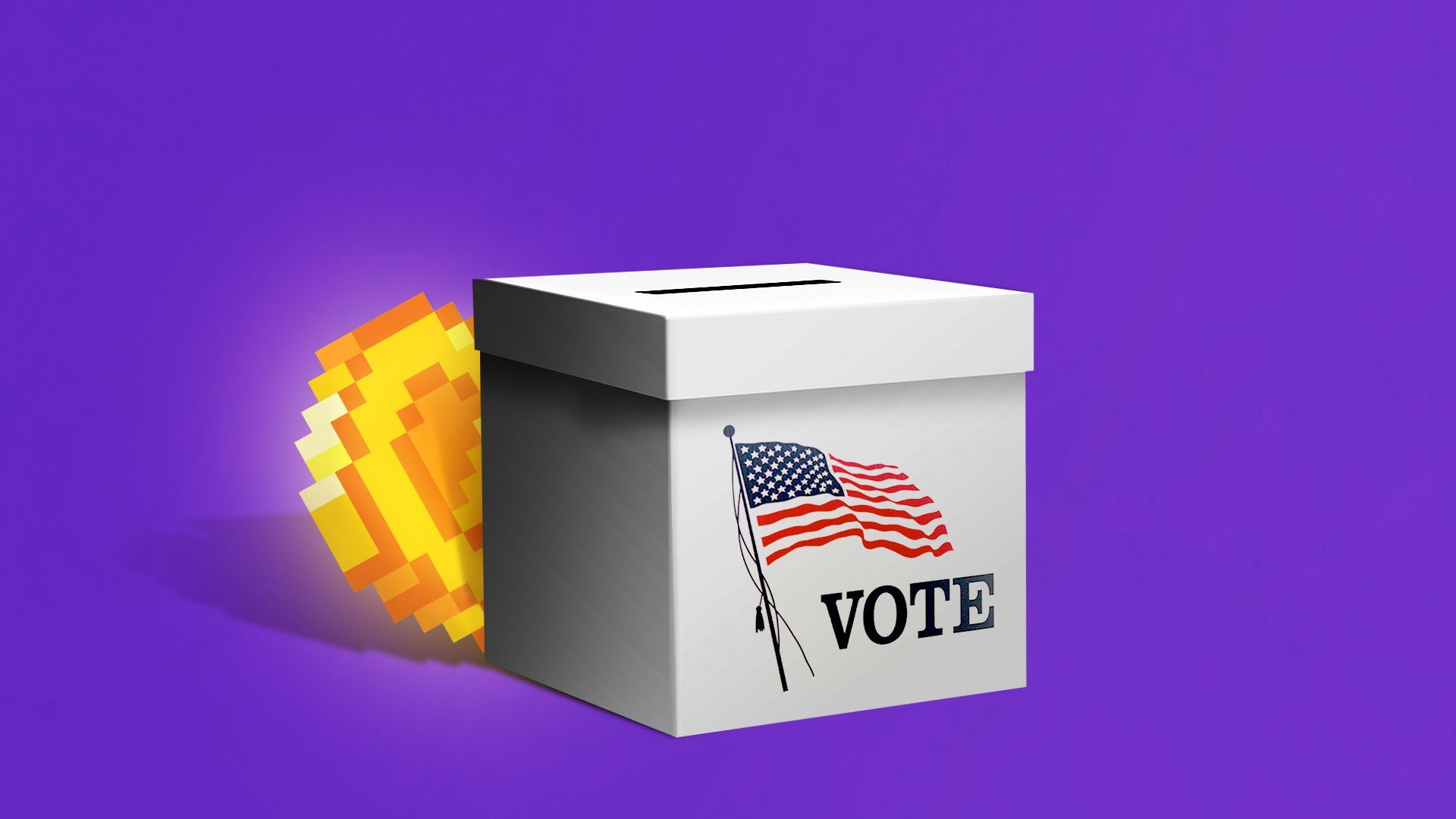 Illustration of a glowing crypto coin peeking out from behind a ballot box.