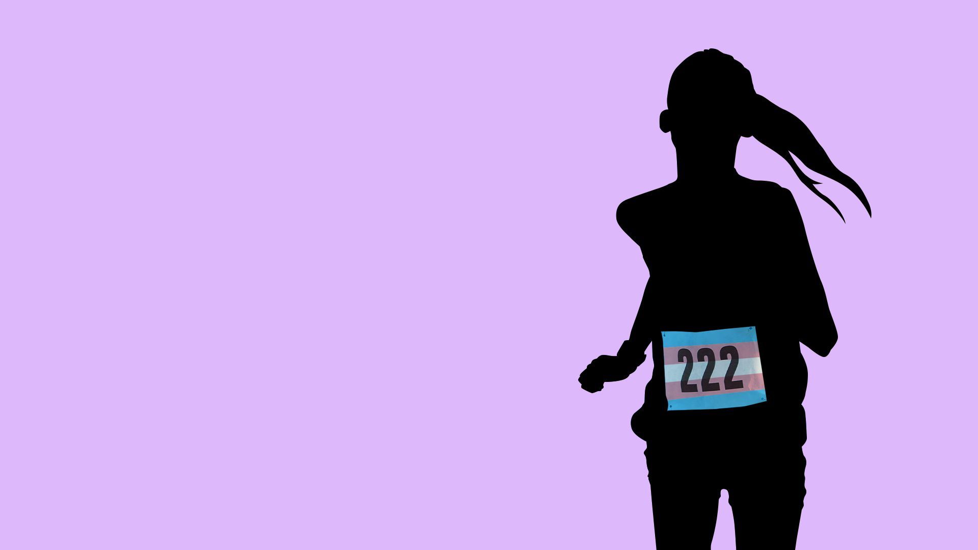 Illustration of a child running with their running number as a trans flag. 