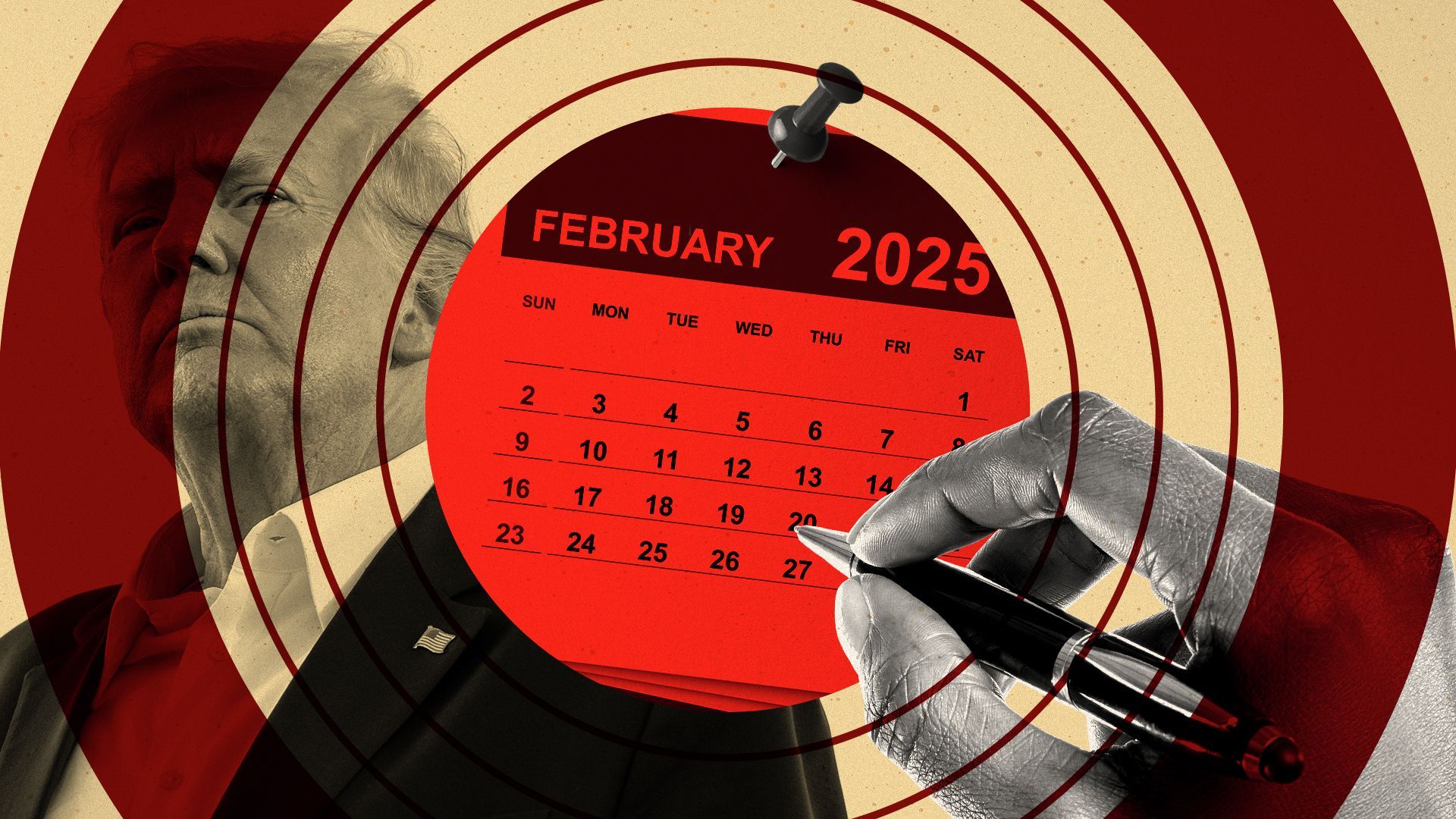 Photo illustration of geometric shapes containing a hand holding a pen over a February calendar page with President Donald Trump in the background.