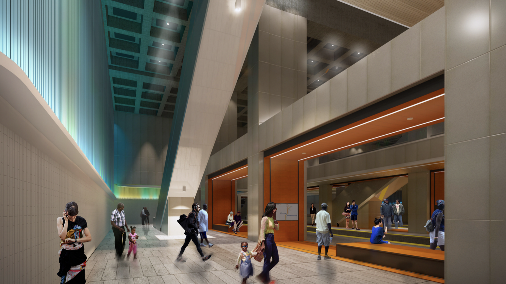 A rendering of a refurbished MARTA station with orange and blue light installations