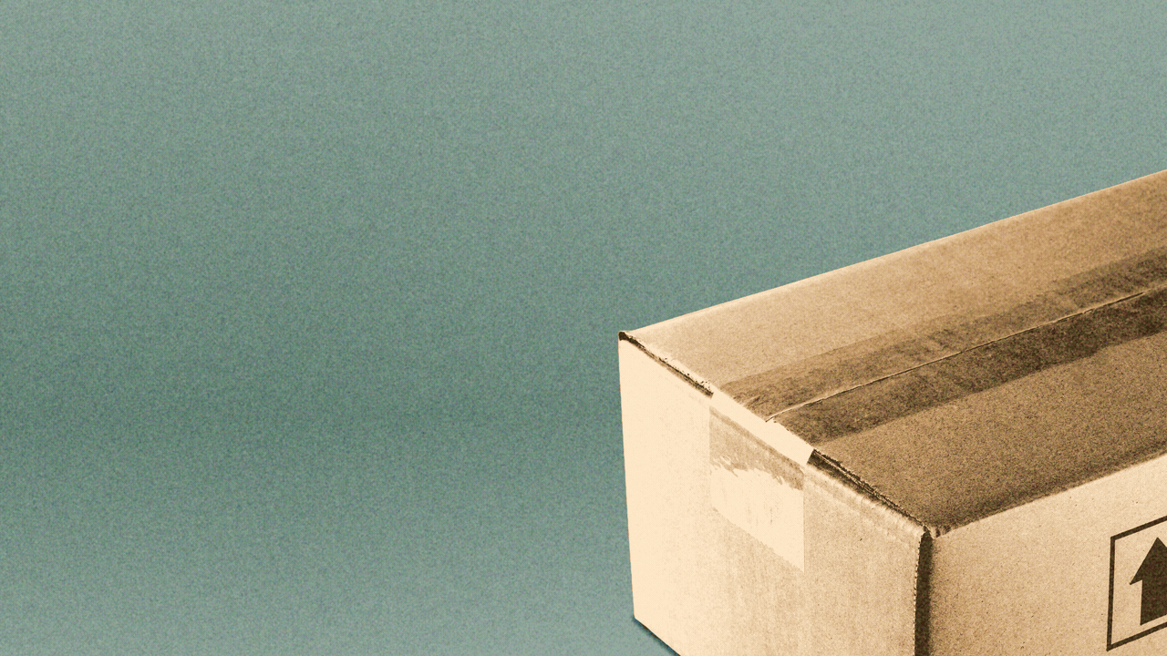 Illustration of a cardboard shipping box, with sparkle shapes moving toward it and then bouncing off of it one after another.
