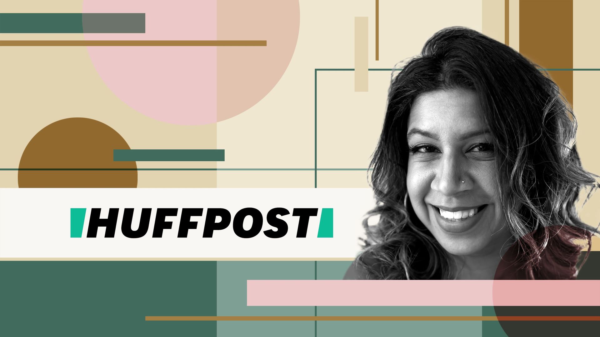 Photo collage of Rajul Punjabi with abstract shapes.