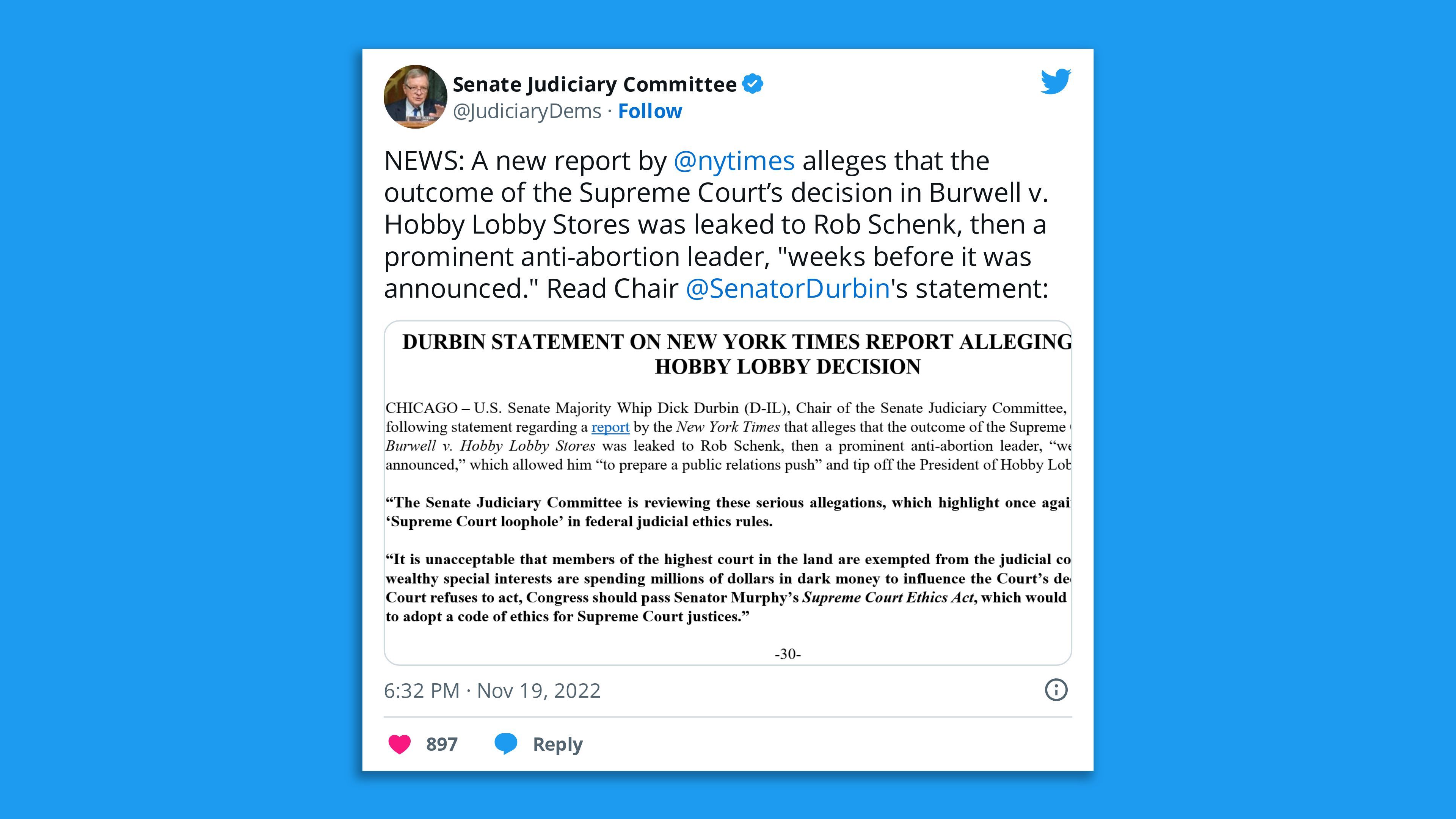 A screenshot of a tweet by a Senate Judiciary Committee announcing it is reviewing allegations of leaking a 2014 Supreme Court ruling weeks in advance.