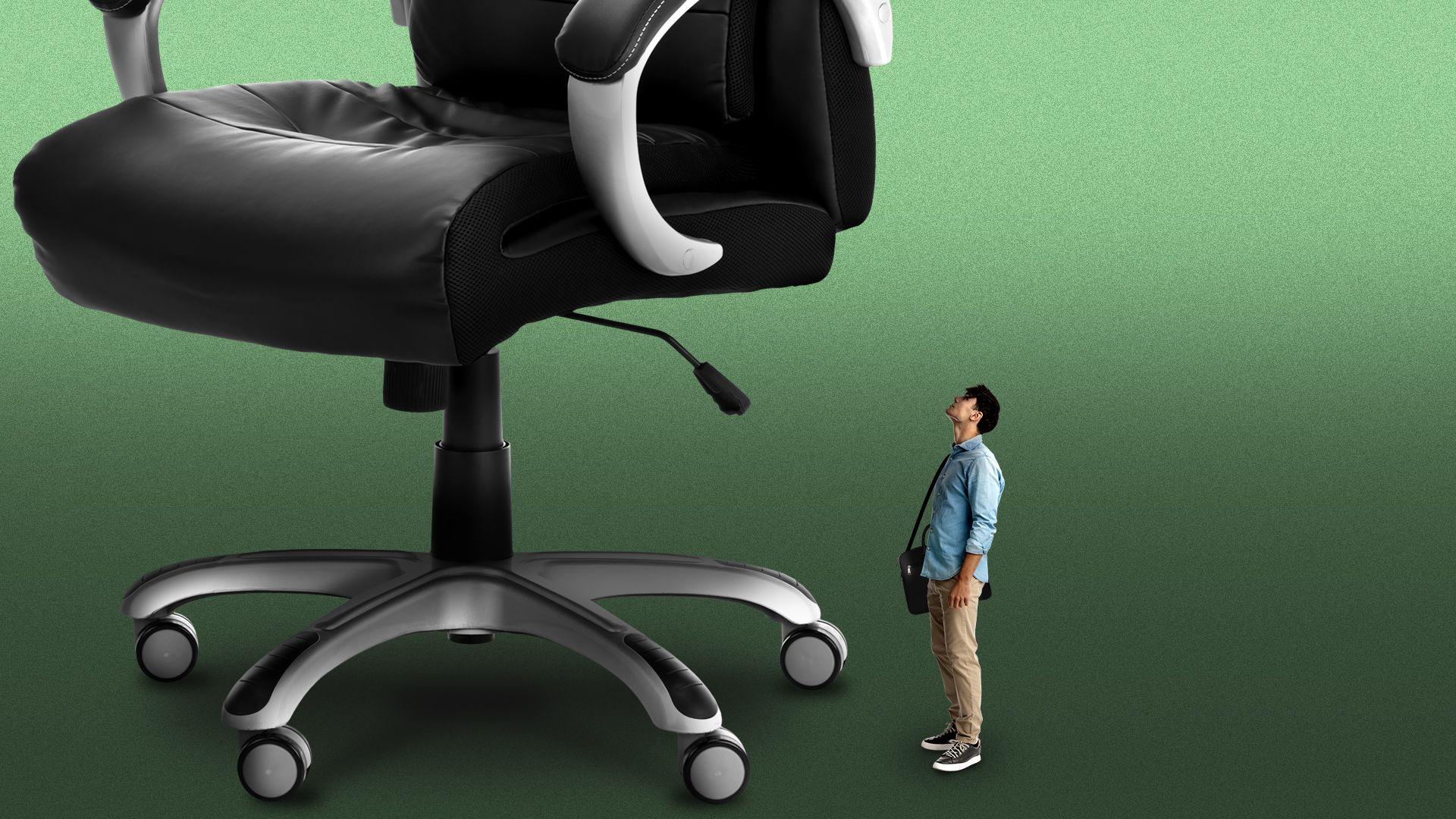 Illustration of a small young man with a laptop case staring up a giant office chair
