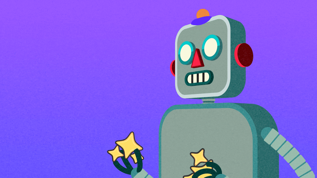 Animated illustration of a robot slapping gold star stickers in the shape of the sparkle emoji on itself.