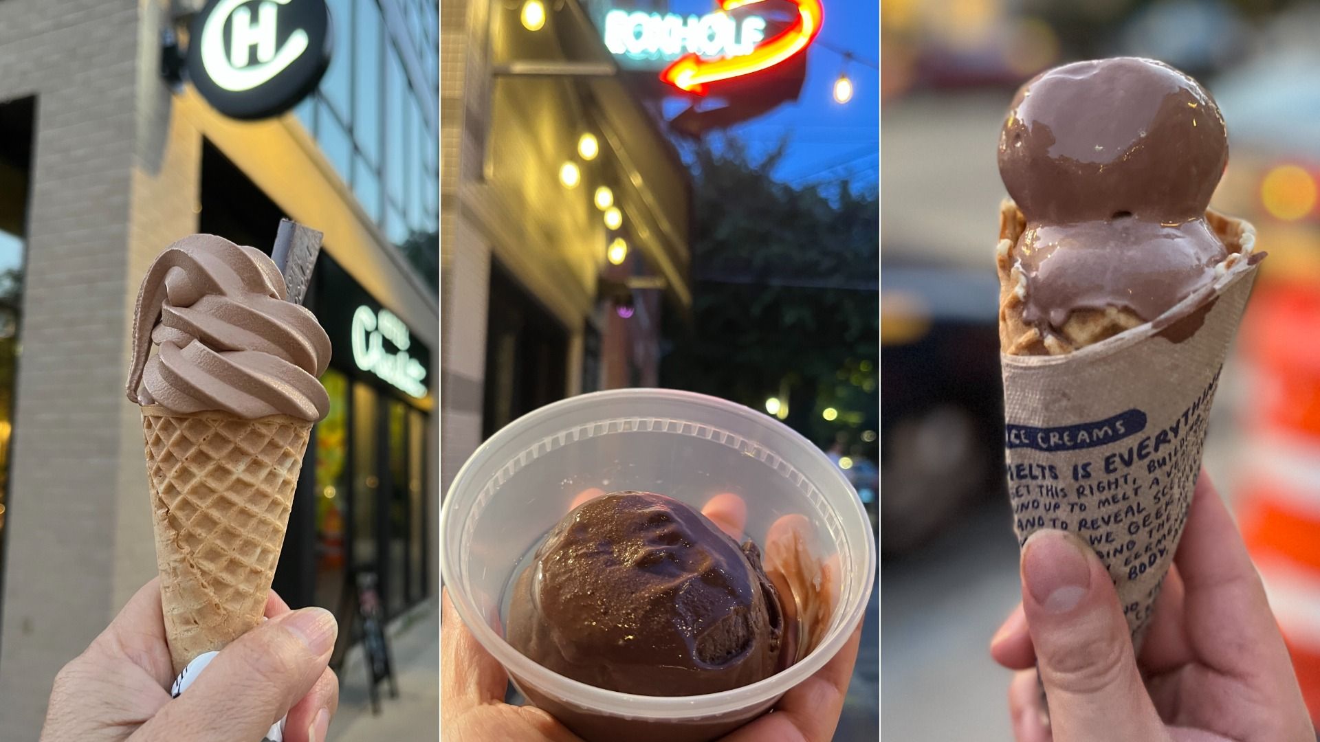 A cone with chocolate soft serve, a plastic bowl with dark chocolate ice cream, a waffle cone with two scoops of dark chocolate ice cream.
