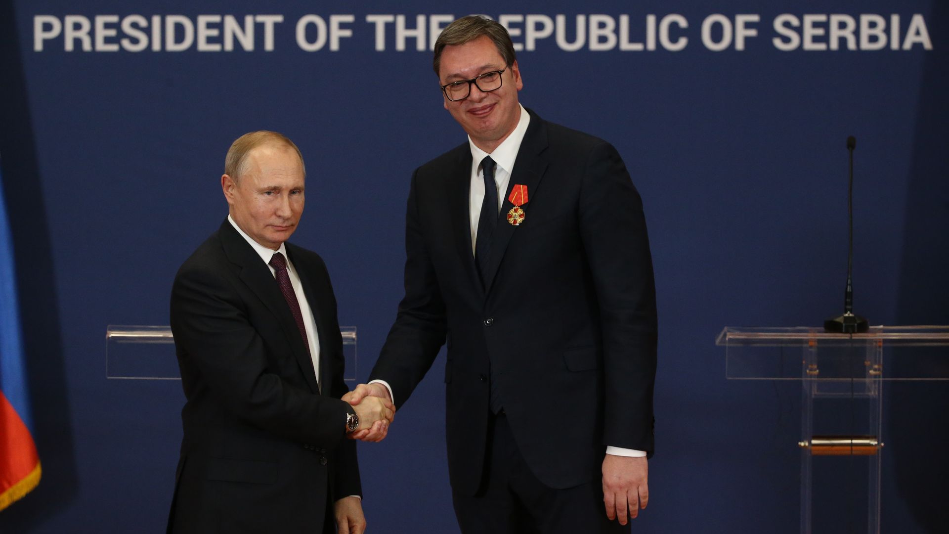 Russian President Vladimir Putin shakes hands with Serbian President Aleksandar Vucic during their meeting at the Presidential Administration on January 17, 2018 in Belgrade, Serbia. 