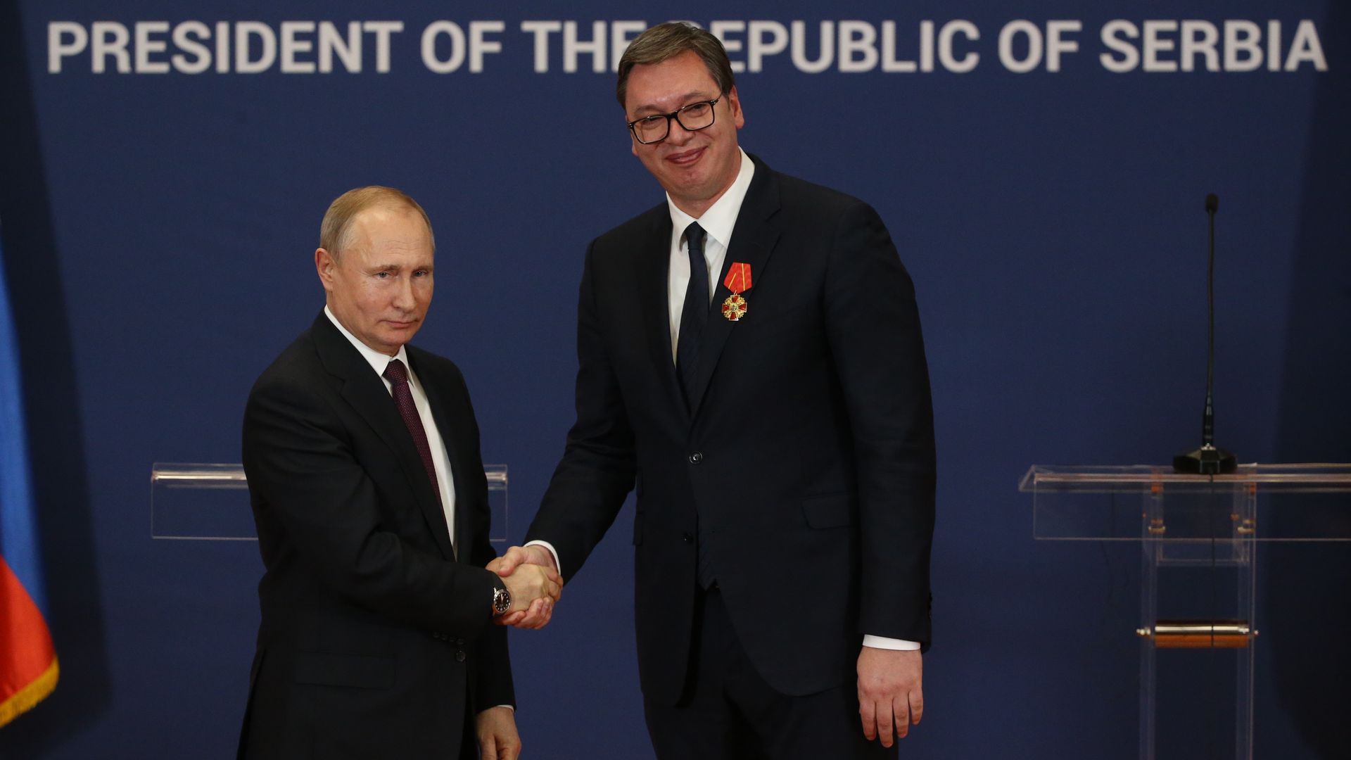 Russian President Vladimir Putin shakes hands with Serbian President Aleksandar Vucic during their meeting at the Presidential Administration on January 17, 2018 in Belgrade, Serbia.