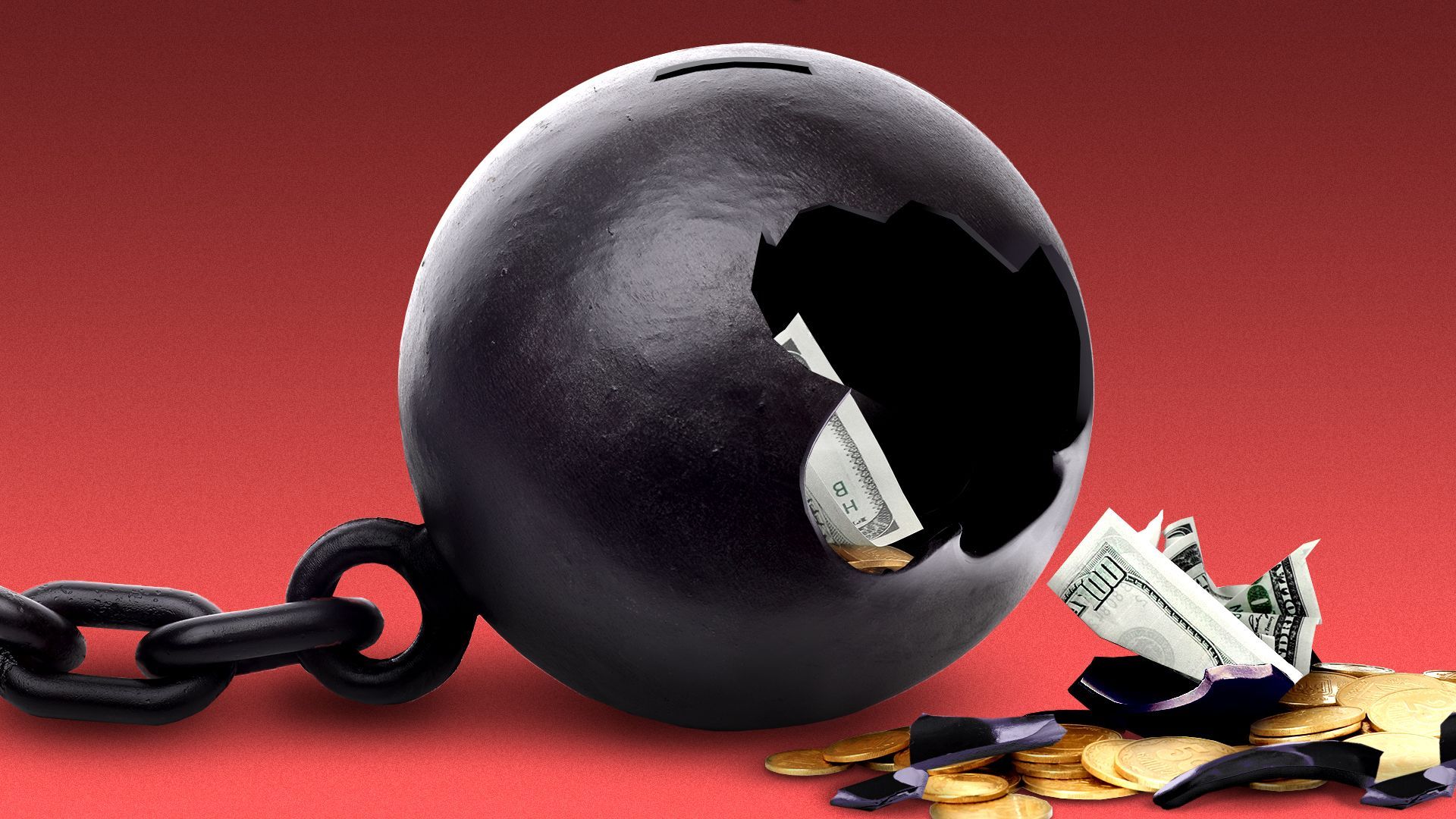 Illustration of a ball and chain with a piggy bank slot which has been cracked open, with money spilling out.
