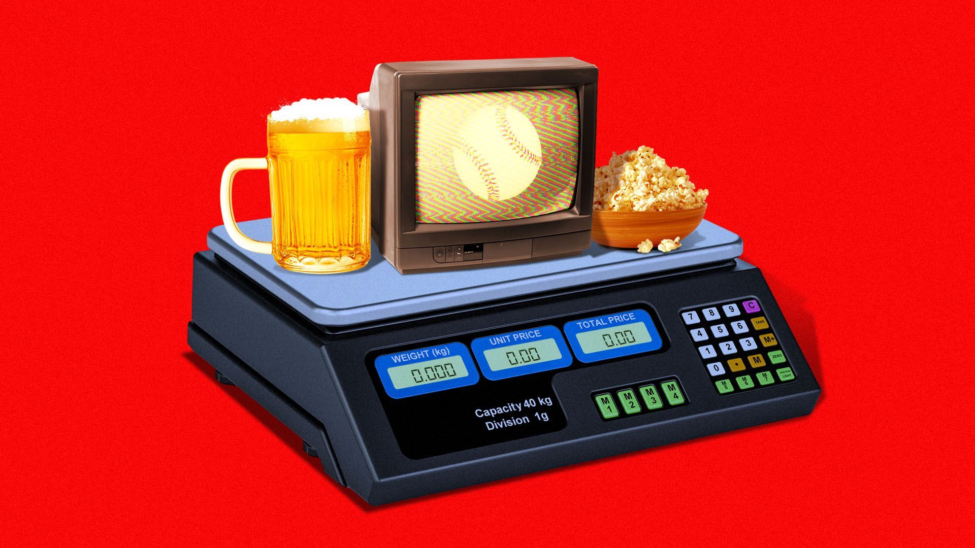 Illustration of a beer glass, a television, and bowl of popcorn on top of an electric scale