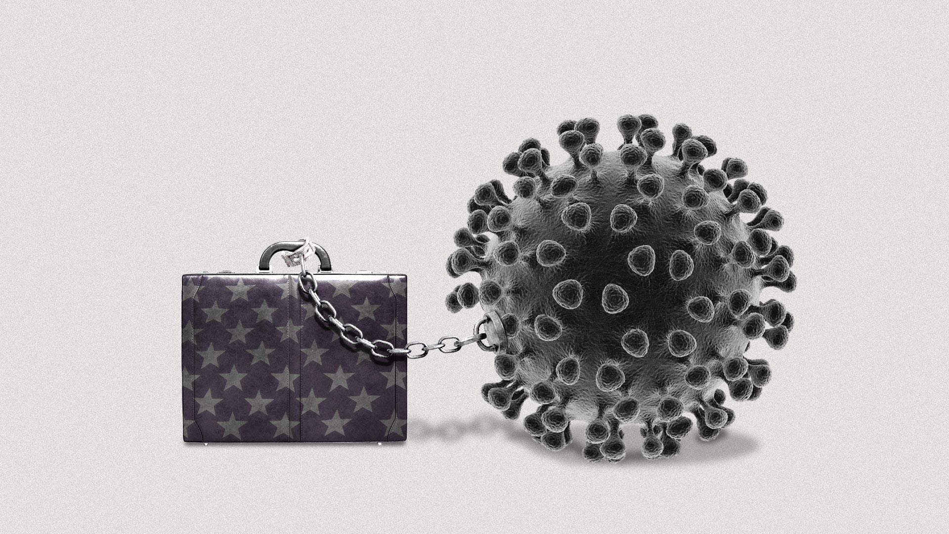 Illustration of briefcase with Coronavirus ball and chain.