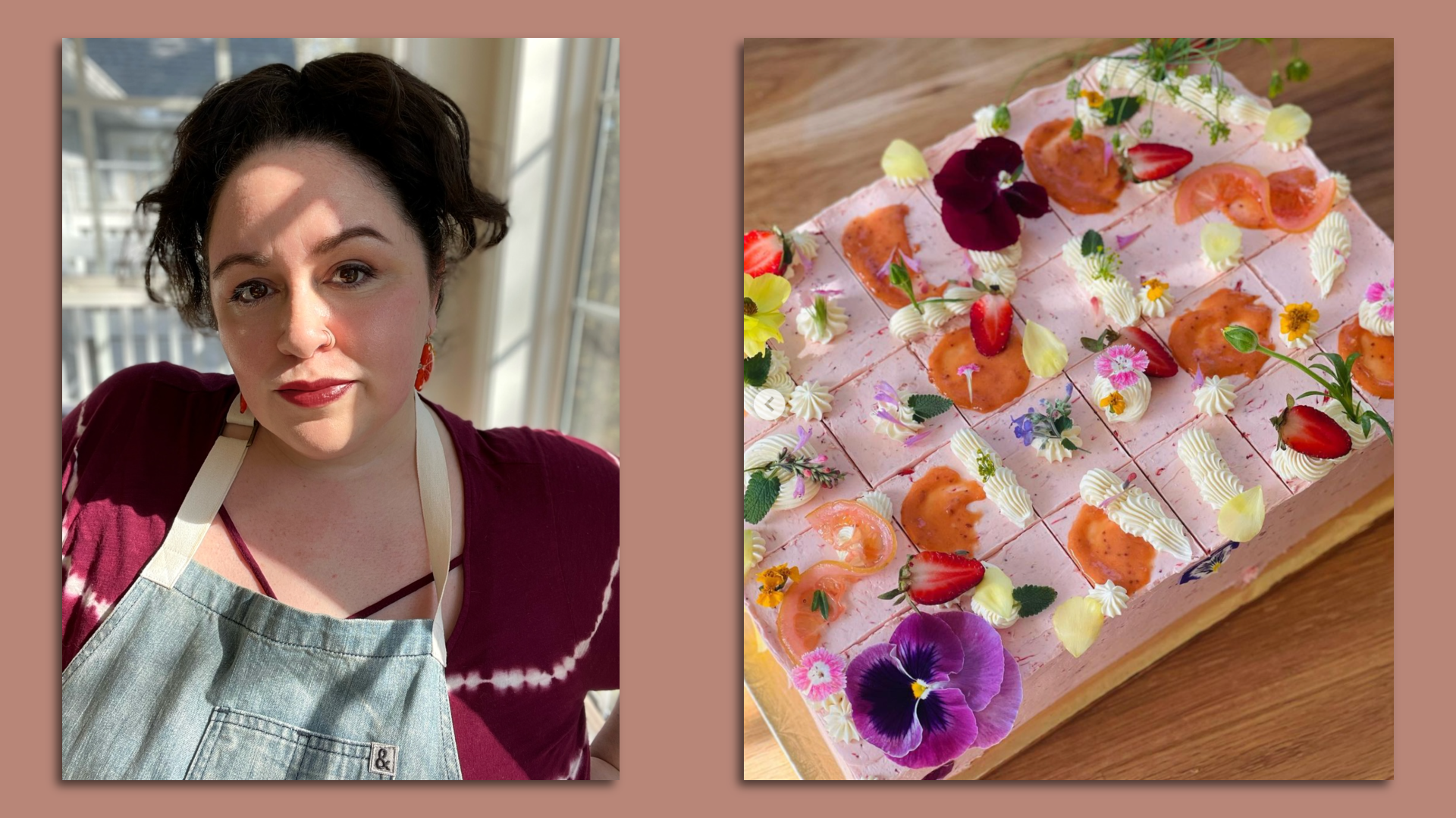 A side by side photo of a woman with dark hair wearing an apron as the sun and shadows cross her face and a colorful pastel and pink sponge cake 