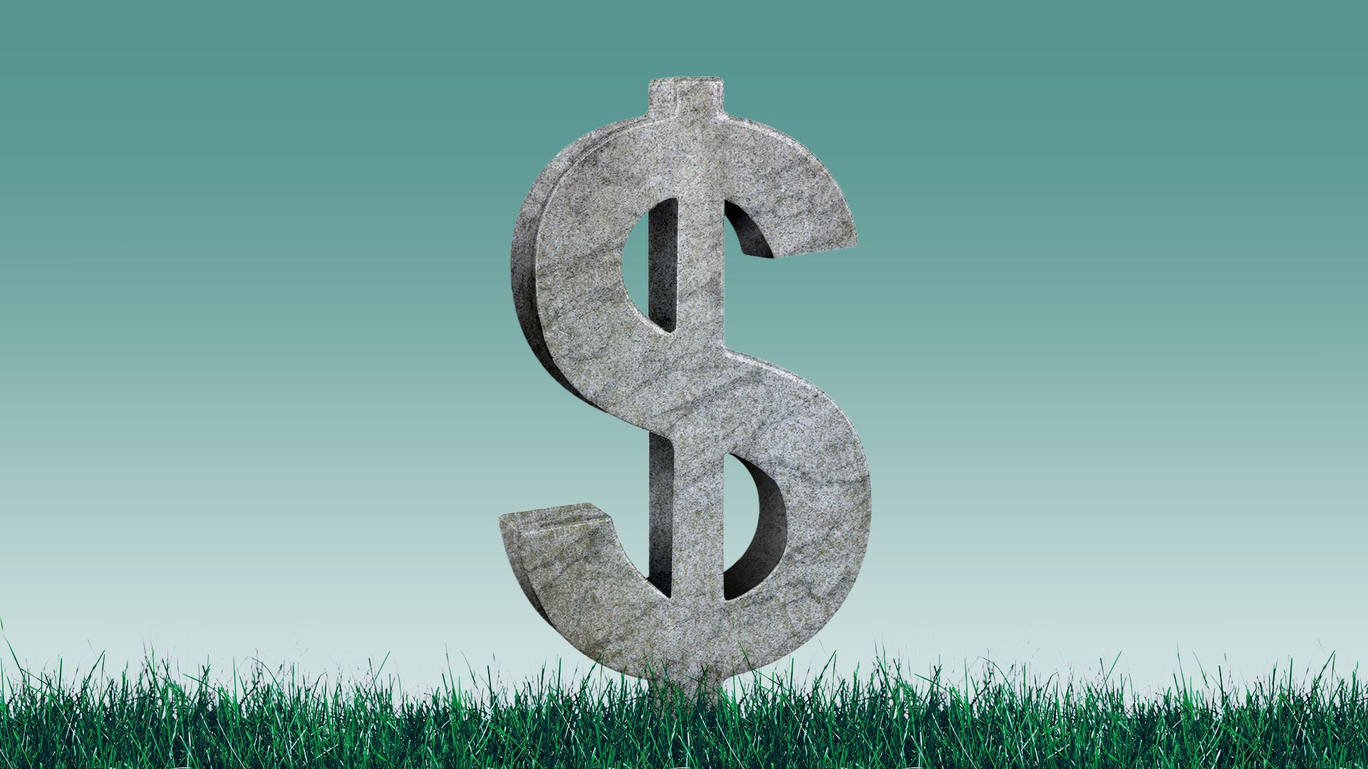 Illustration of a dollar bill sign shaped gravestone 