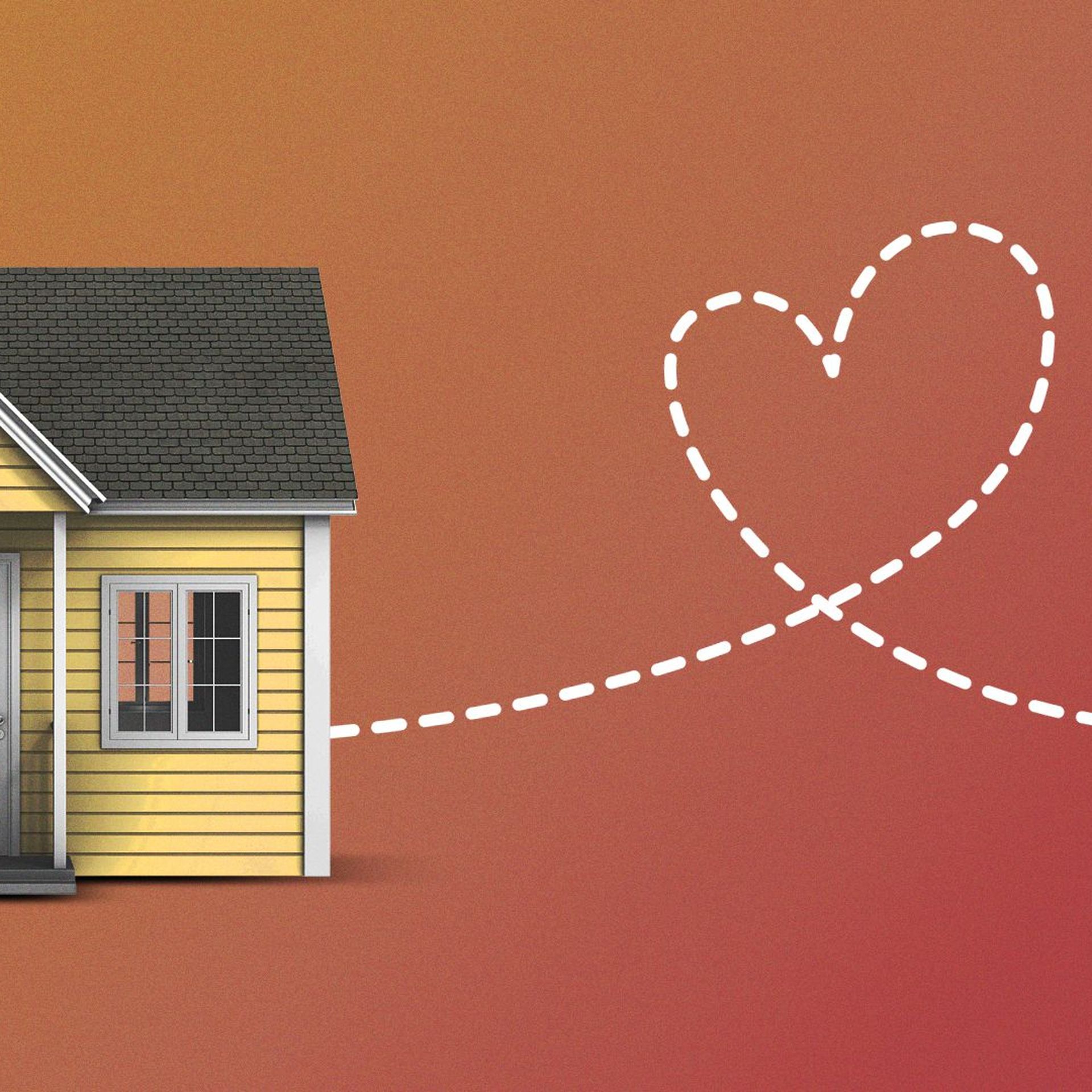 Illustration of two houses in a neighborhood connected by a dotted heart. 