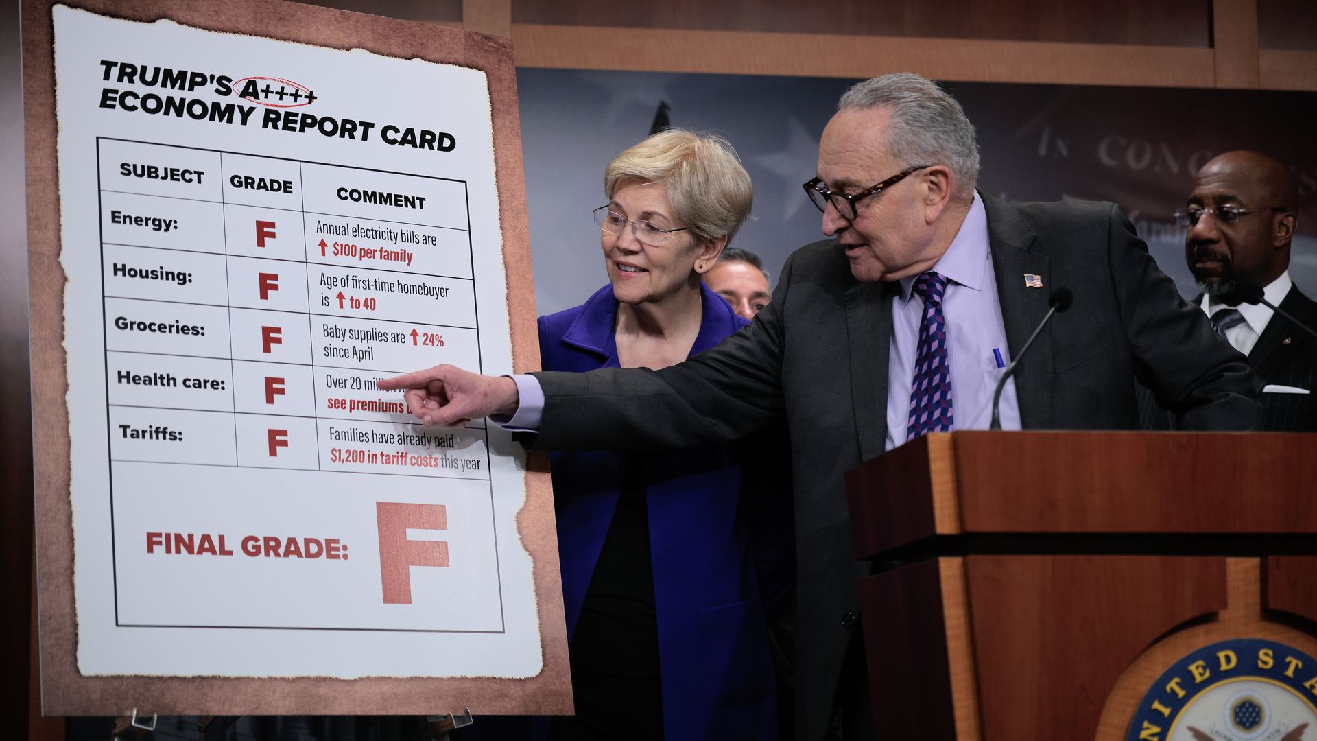 Chuck Schumer speaks at a Capitol news conference with Elizabeth Warren and Raphael Warnock as Democrats outline a plan to lower costs.