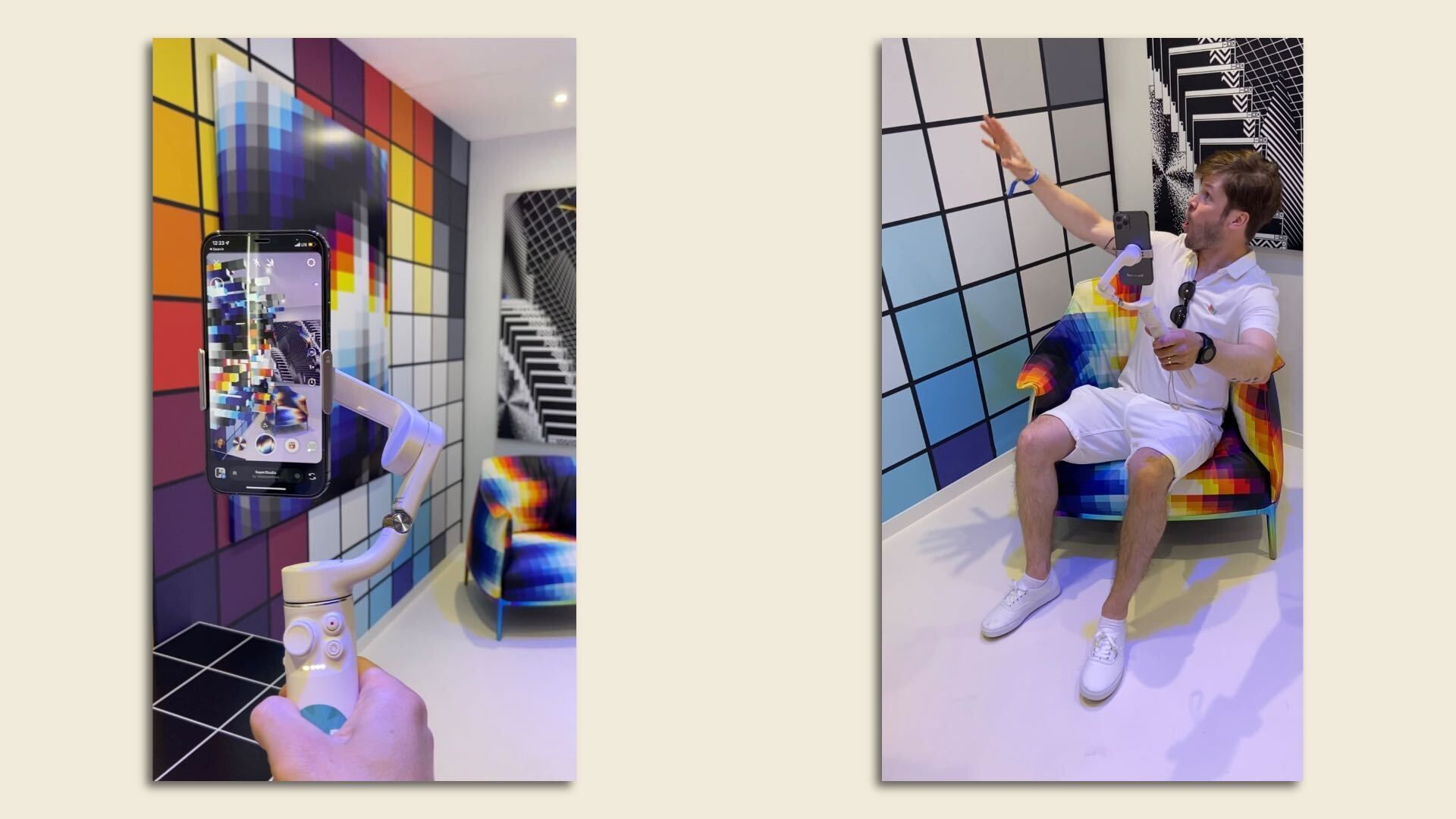 a man in a room with abstract art holding a selfie stick and cell phone