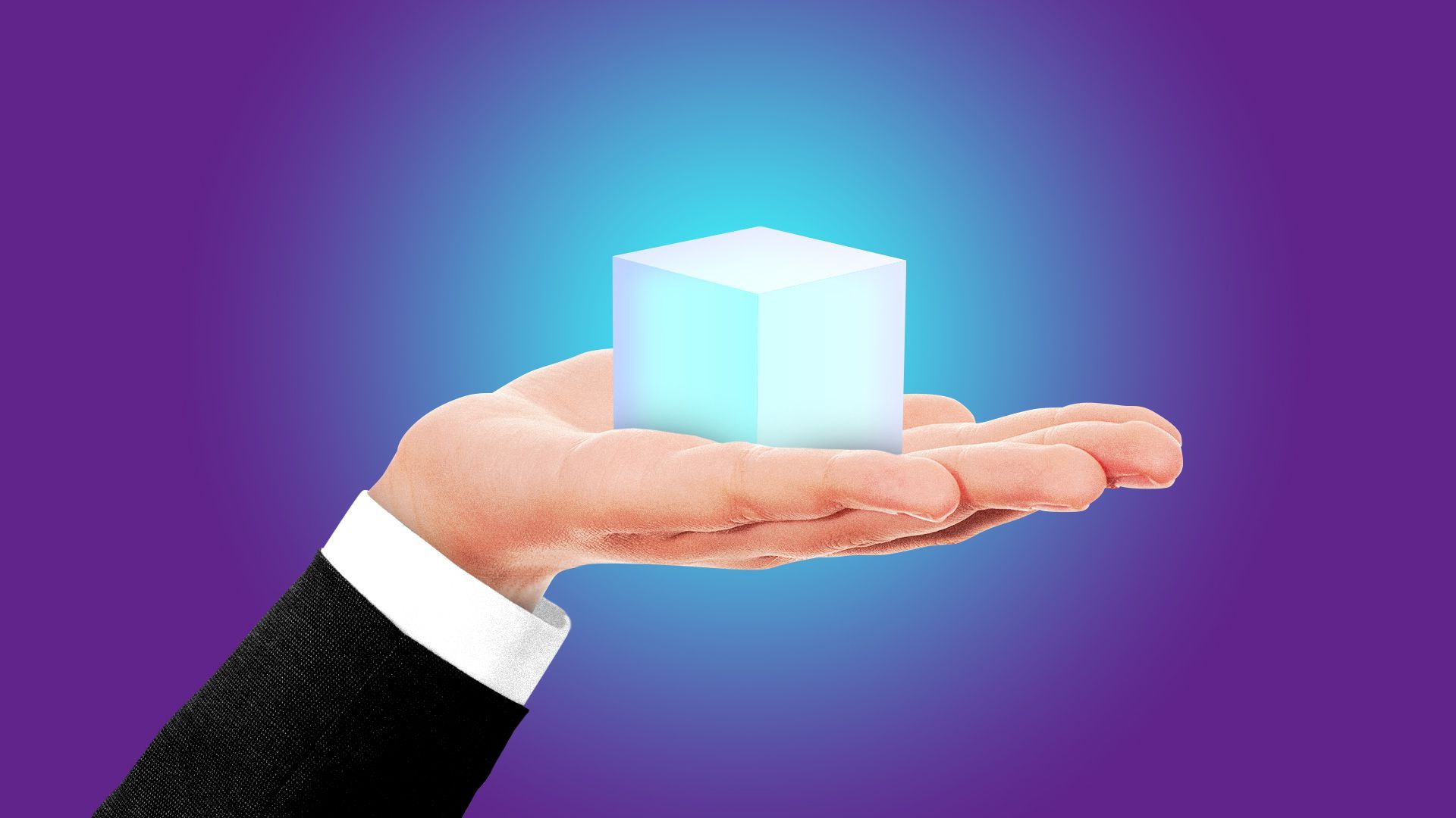 Illustration of a hand holding out a glowing cube.