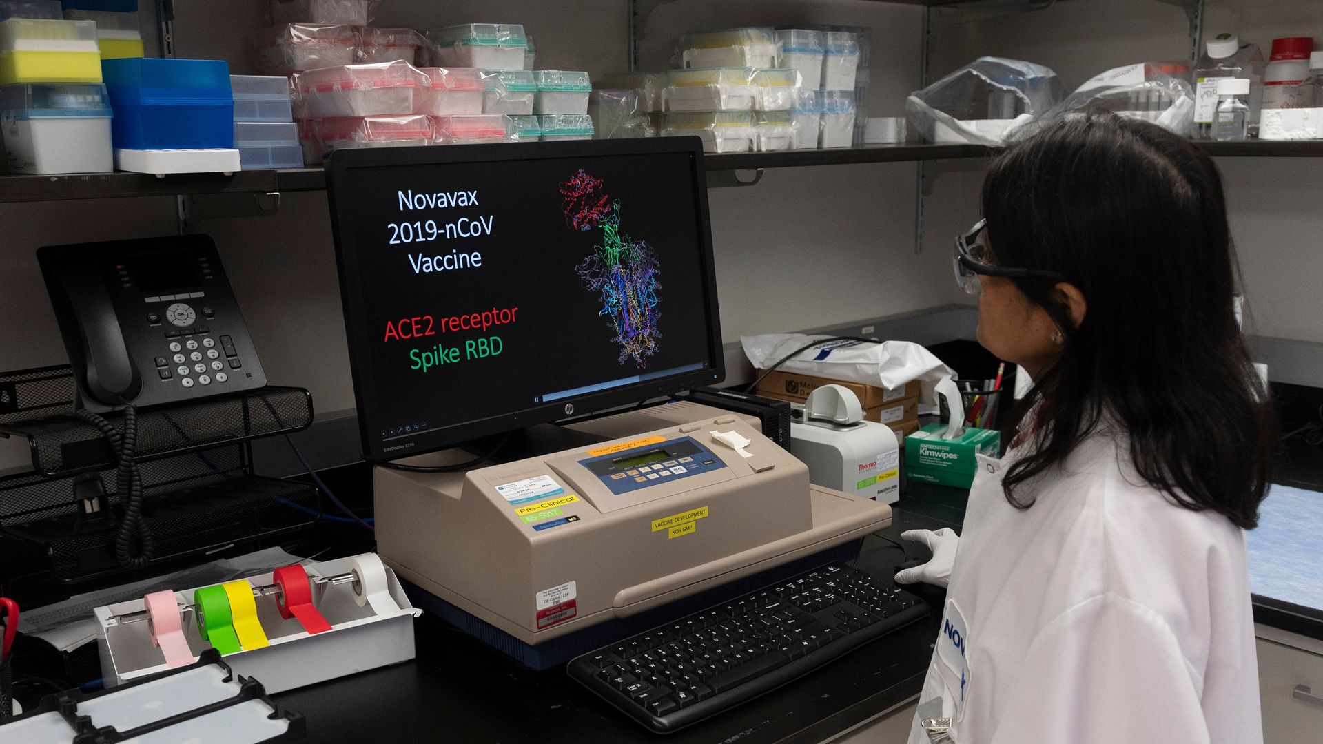 AA computer model showing the protein structure of a potential coronavirus, COVID-19, vaccine at Novavax labs in Gaithersburg, Maryland on March 20