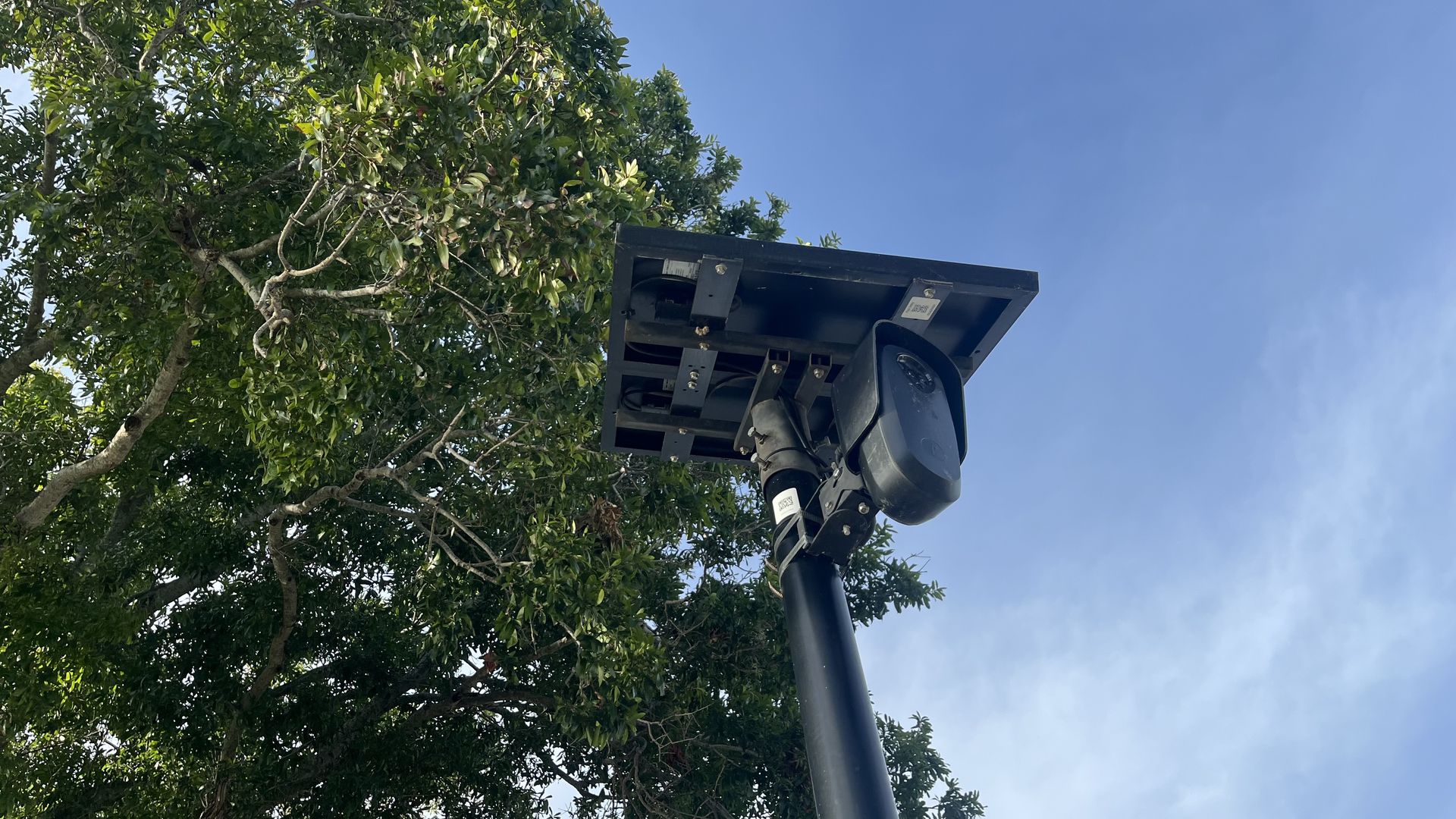 Blue sky above a black street light. A solar panel sits on top and a camera hangs from the frame, mounted on a dark pole, with green tree branches in the background.