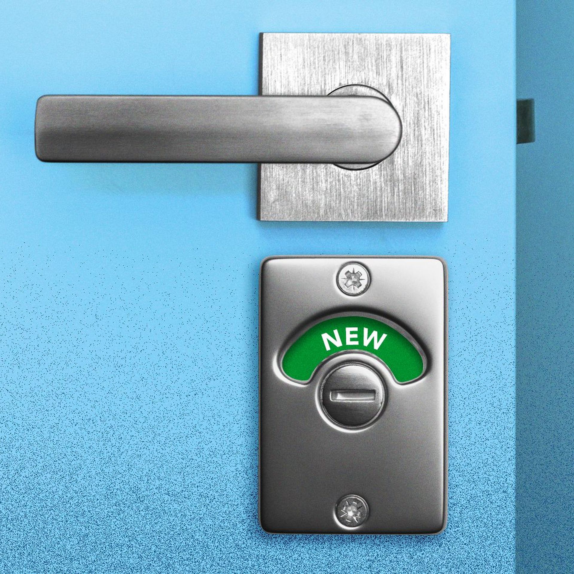 Illustration of a public restroom lock, but "occupied" is replaced with "new." 
