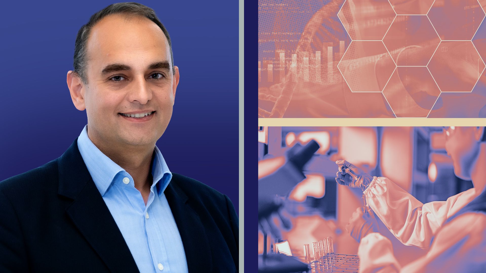 Photo collage of Boris Zaïtra, head of corporate business development at Roche, next to an image of a scientist and various shapes 