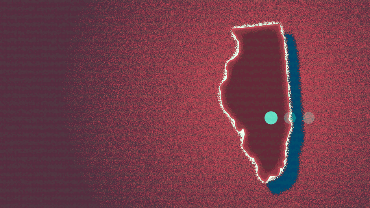 Animated illustration of the state of California glitching, with an ellipsis cycling through its dots on top of it.