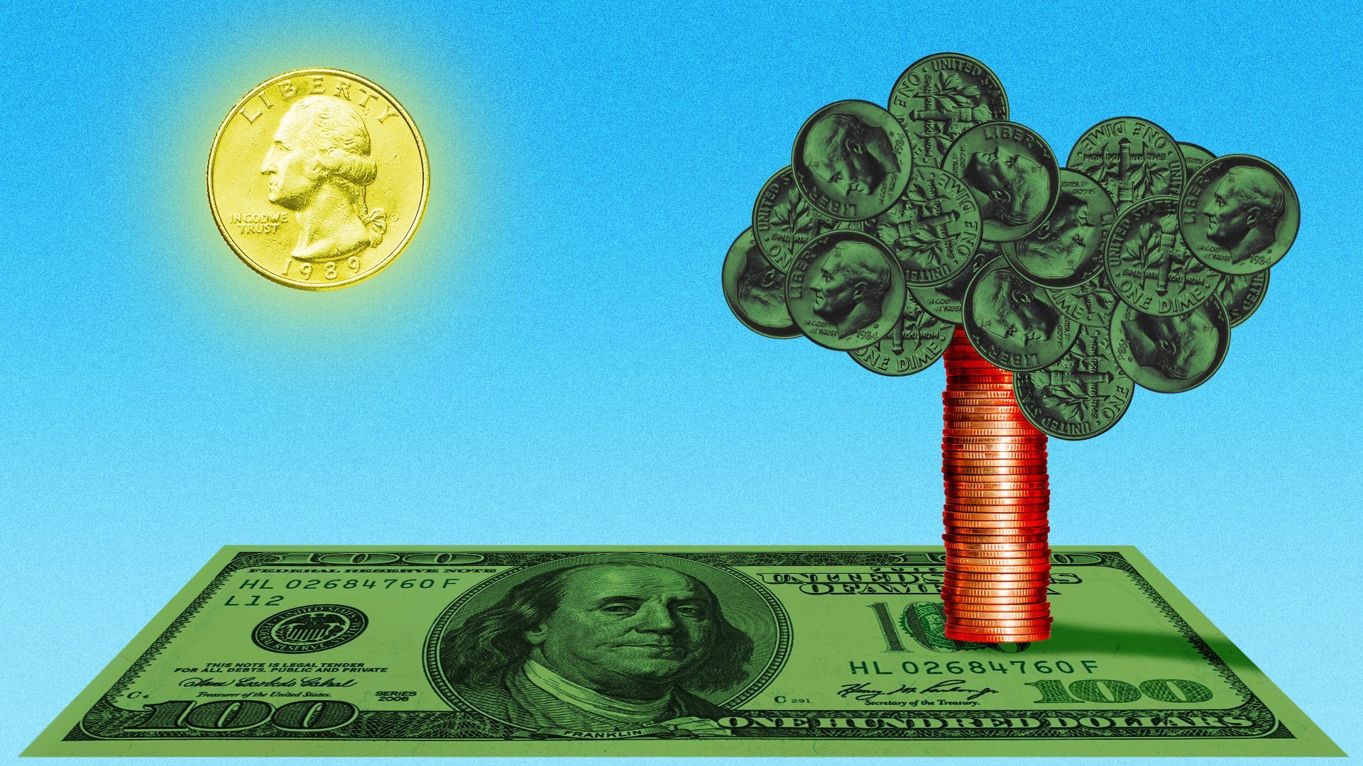 Illustration of a landscape made from money, with a one hundred dollar bill as the grass, a stack of pennies and cluster of dimes as a tree, and a quarter for the sun. 