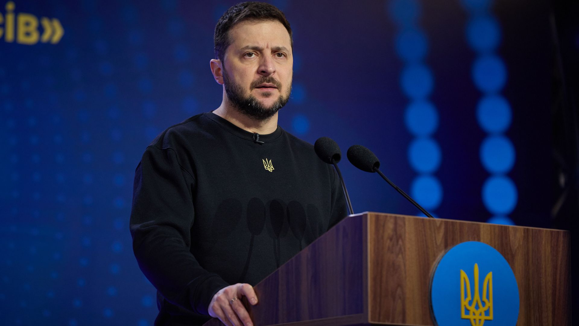 Ukrainian President Volodymyr Zelenskyy speaks at the "Human Rights in Dark Times" International Conference in Kyiv, Ukraine on December 9.