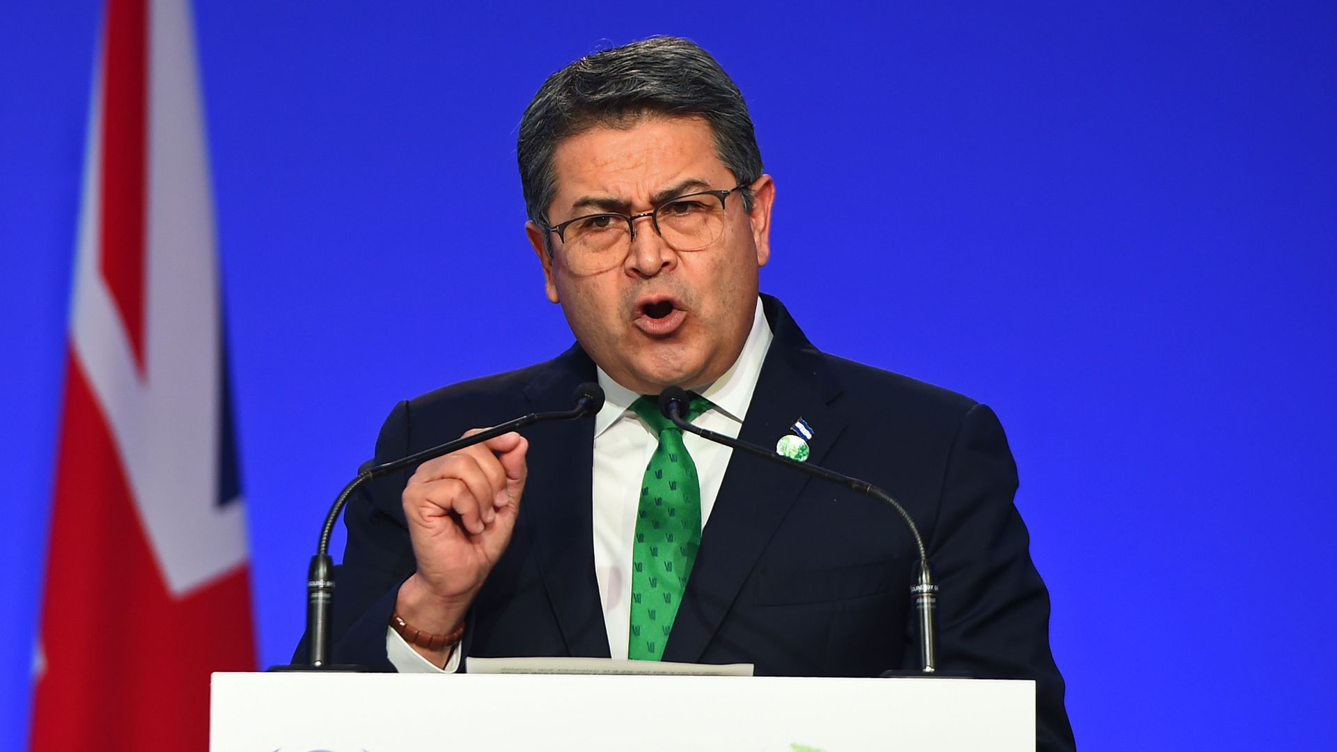 Honduras President Juan Orlando Hernández presents his national statement during day two of COP26 at SECC on November 1, 2021 in Glasgow, United Kingdom.