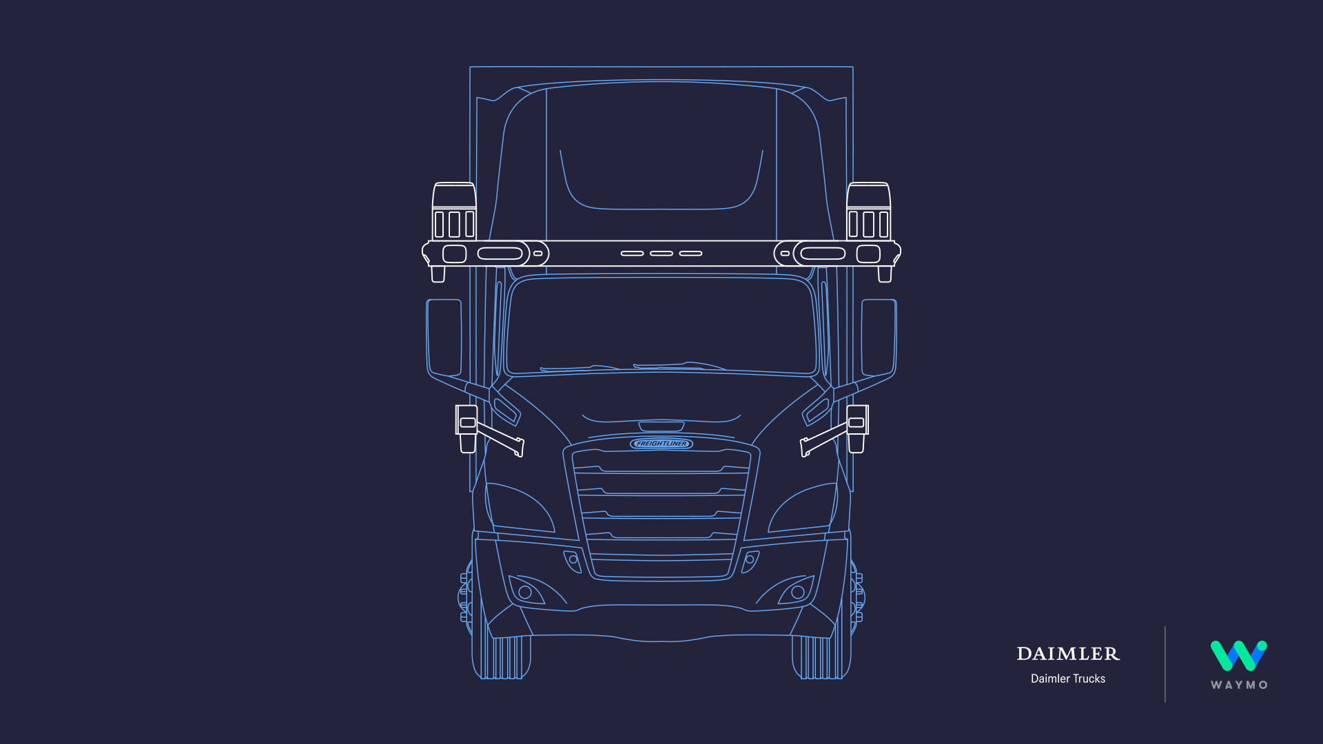 Sketch of a Freightliner semi truck outfitted with Waymo's self-driving technology