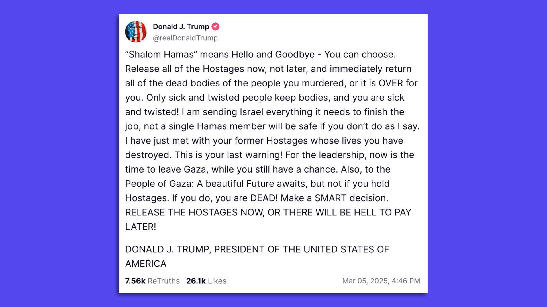 Trump Truth Social post on Hamas