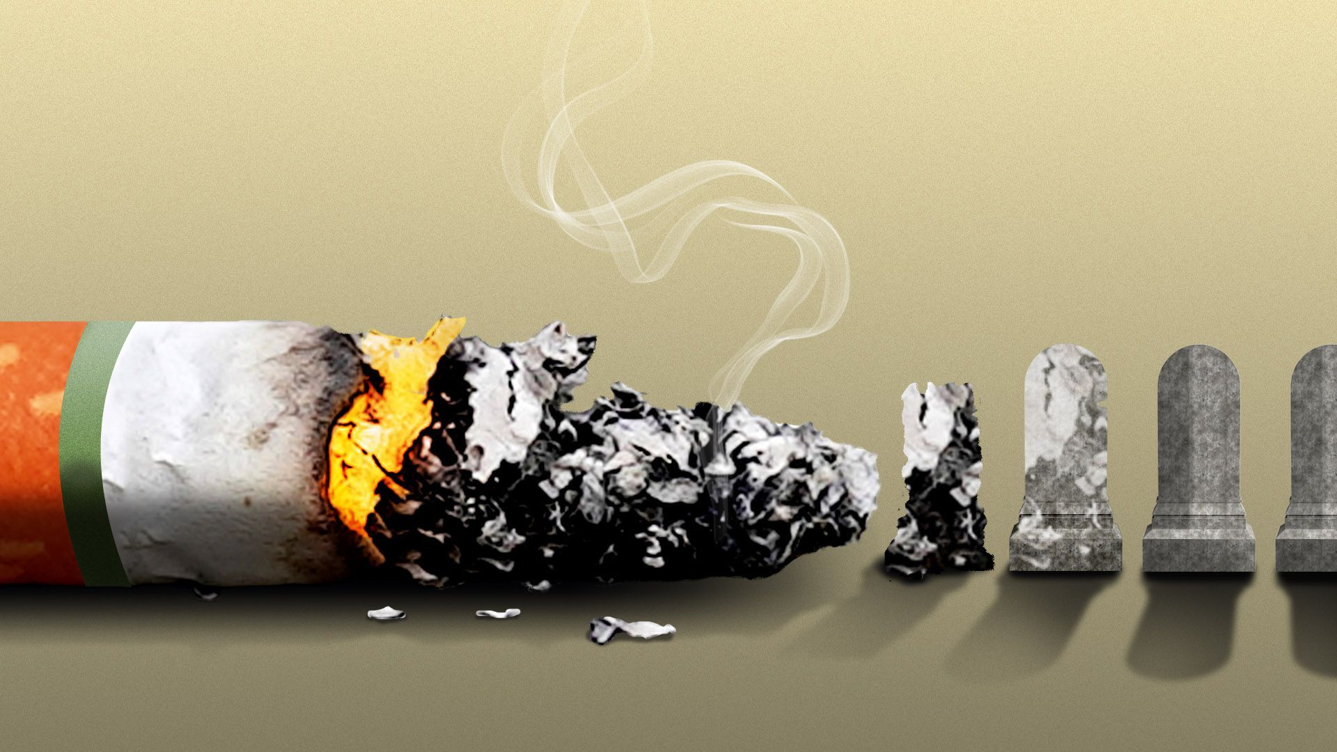 Illustration of a burning menthol cigarette producing ash in the shape of tombstones